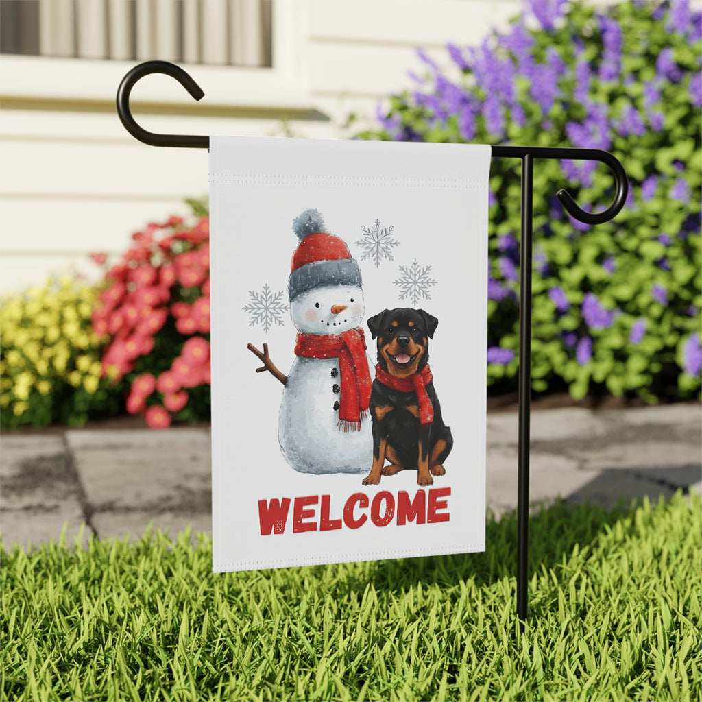 Rottweiler and Snowman Welcome Garden Flag - outdoor display - Dragonfire Gardens