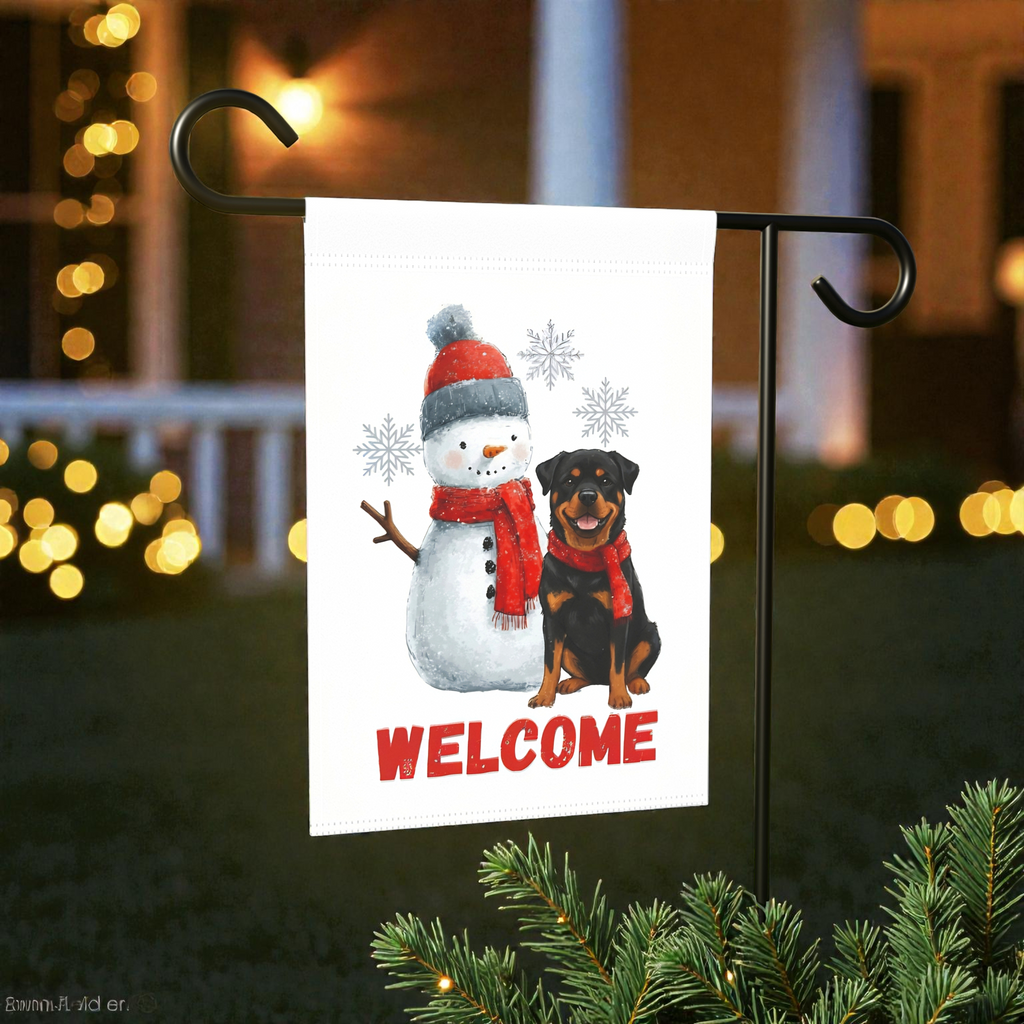 Rottweiler and Snowman Welcome Garden Flag - lifestyle display - Dragonfire Gardens