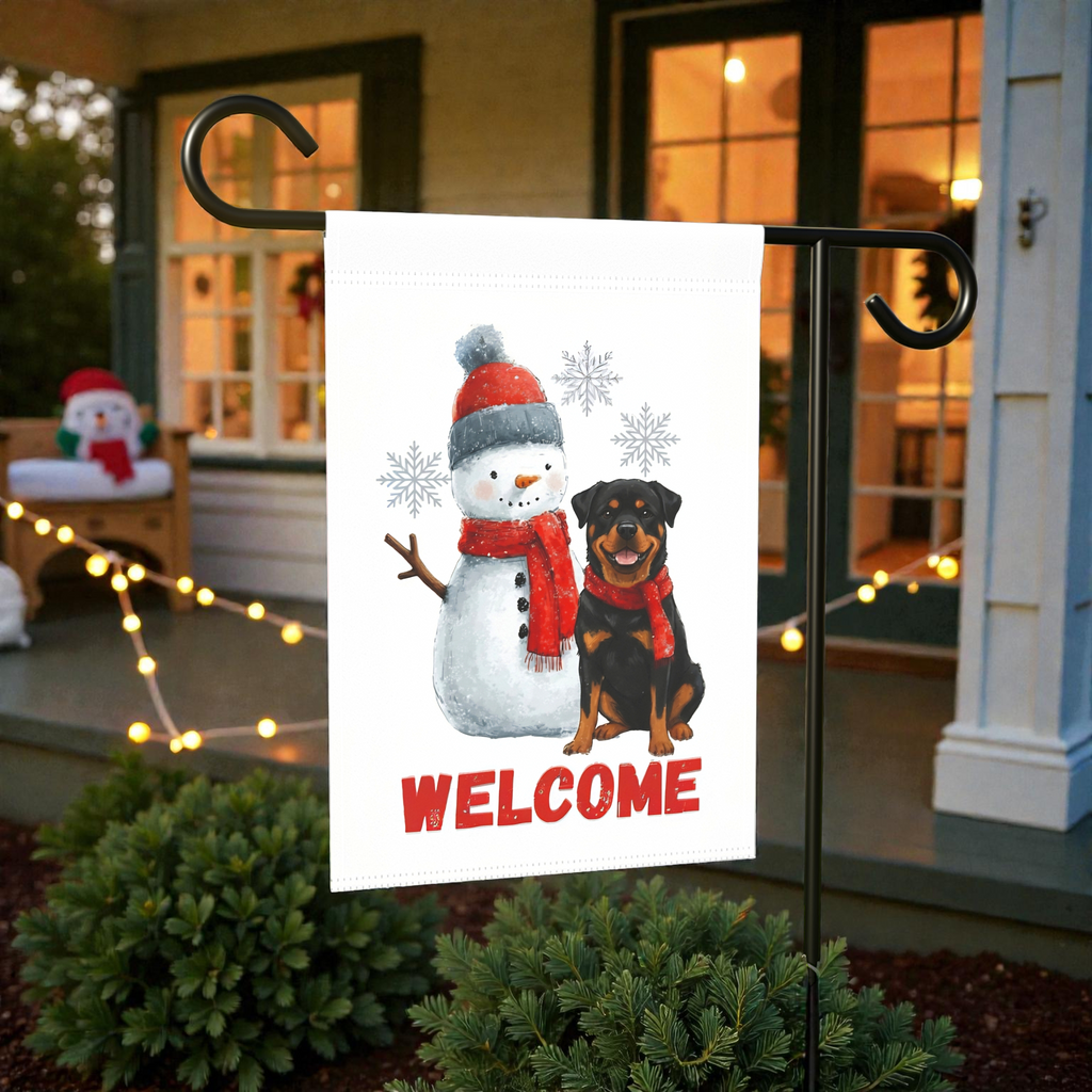 Rottweiler and Snowman Welcome Garden Flag - size comparison - Dragonfire Gardens