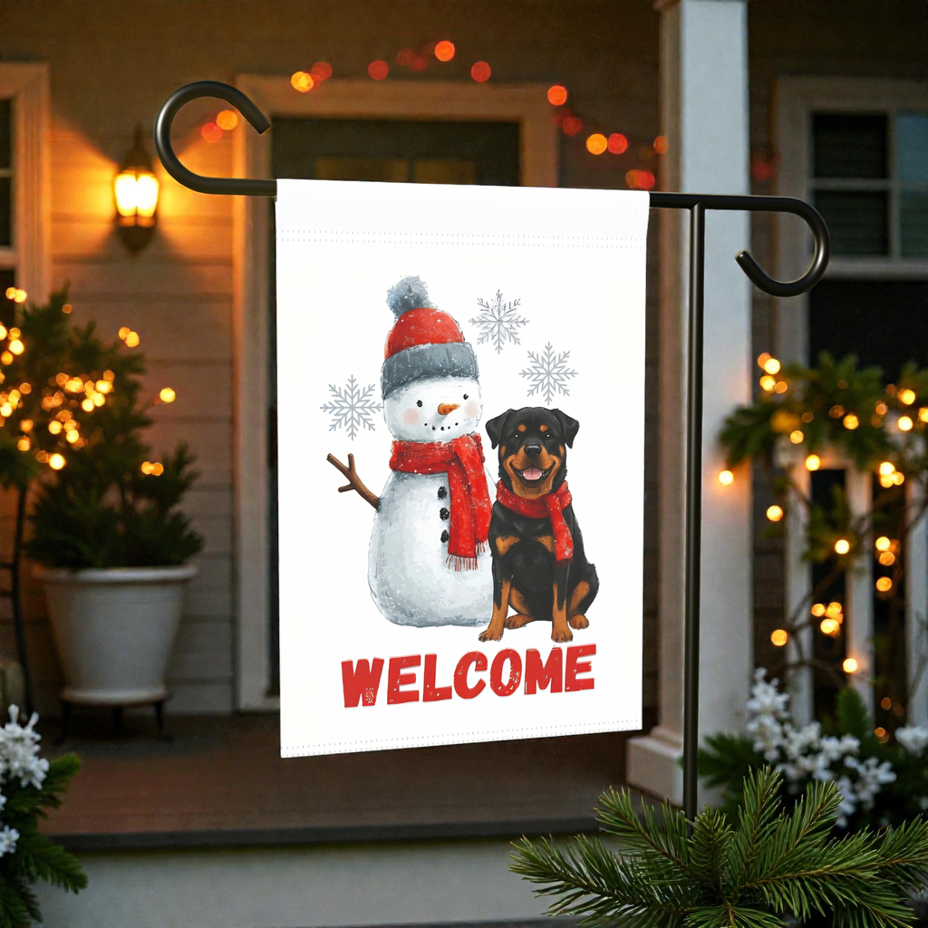 Rottweiler and Snowman Welcome Garden Flag - front view - Dragonfire Gardens