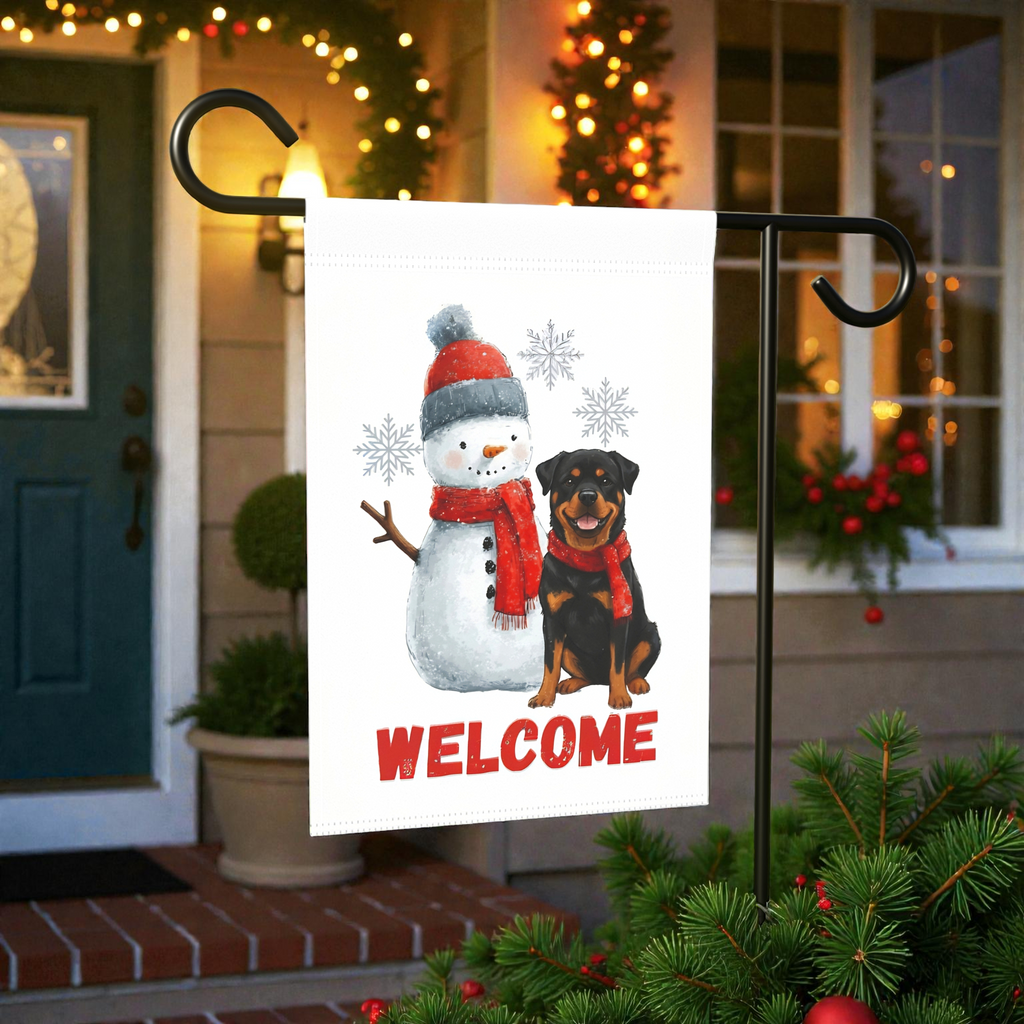 Rottweiler and Snowman Welcome Garden Flag - product detail - Dragonfire Gardens