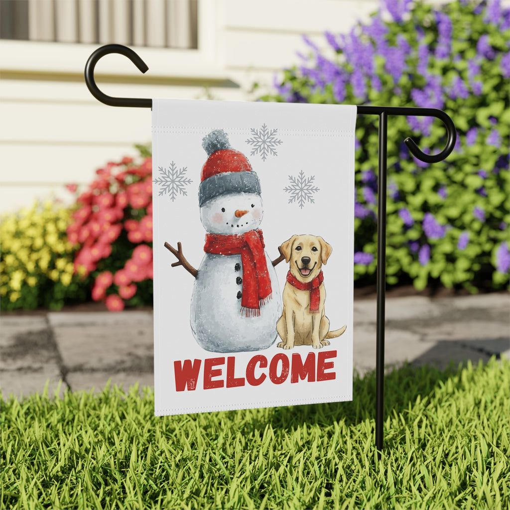 Yellow Labrador Retriever and Snowman Welcome Garden Flag