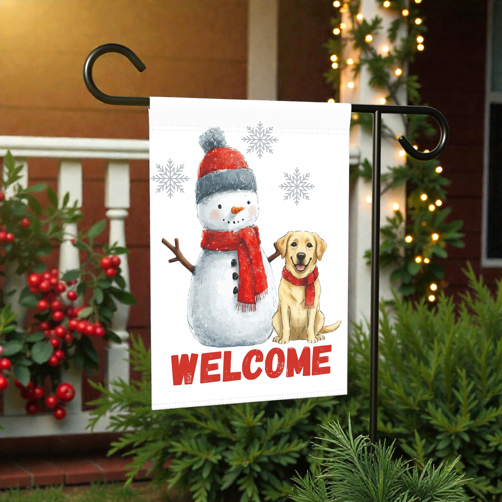 Yellow Labrador Retriever and Snowman Welcome Garden Flag
