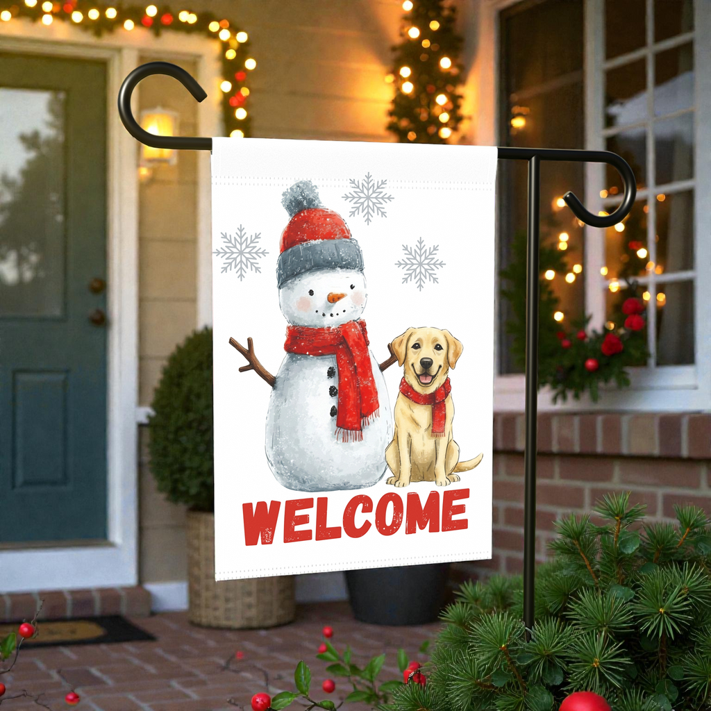 Yellow Labrador Retriever and Snowman Welcome Garden Flag
