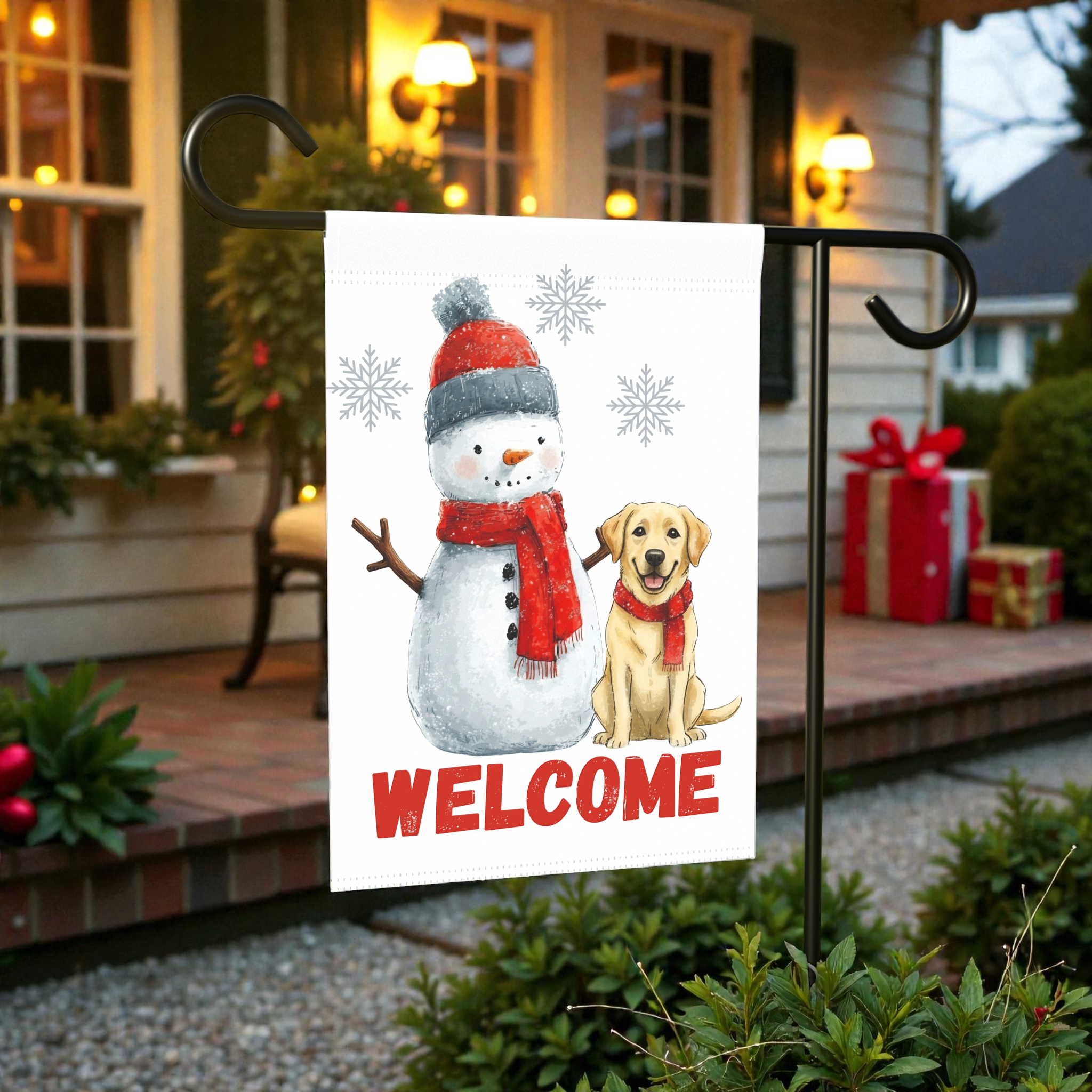 Yellow Labrador Retriever and Snowman Welcome Garden Flag