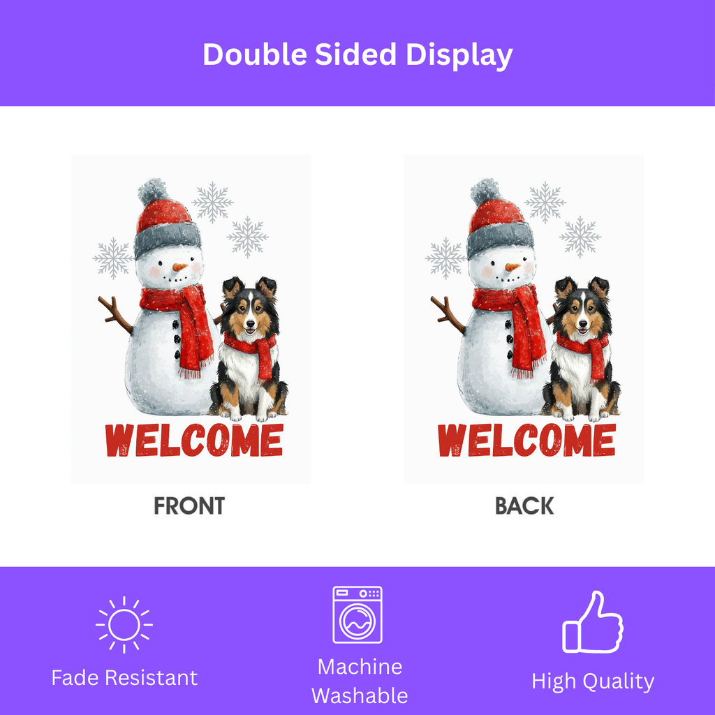 Sheltie and Snowman Welcome Garden Flag - double-sided design - Dragonfire Gardens