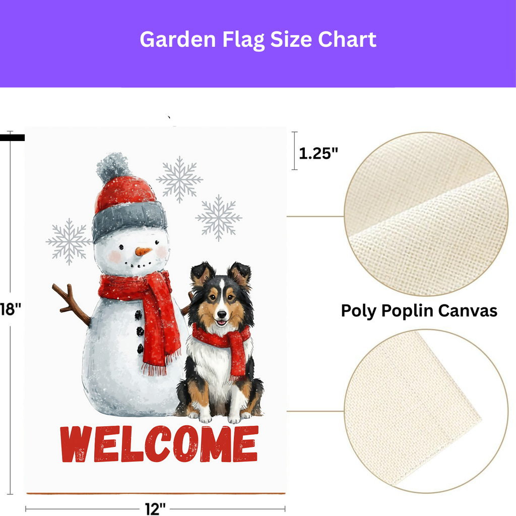 Sheltie and Snowman Welcome Garden Flag - yard display - Dragonfire Gardens