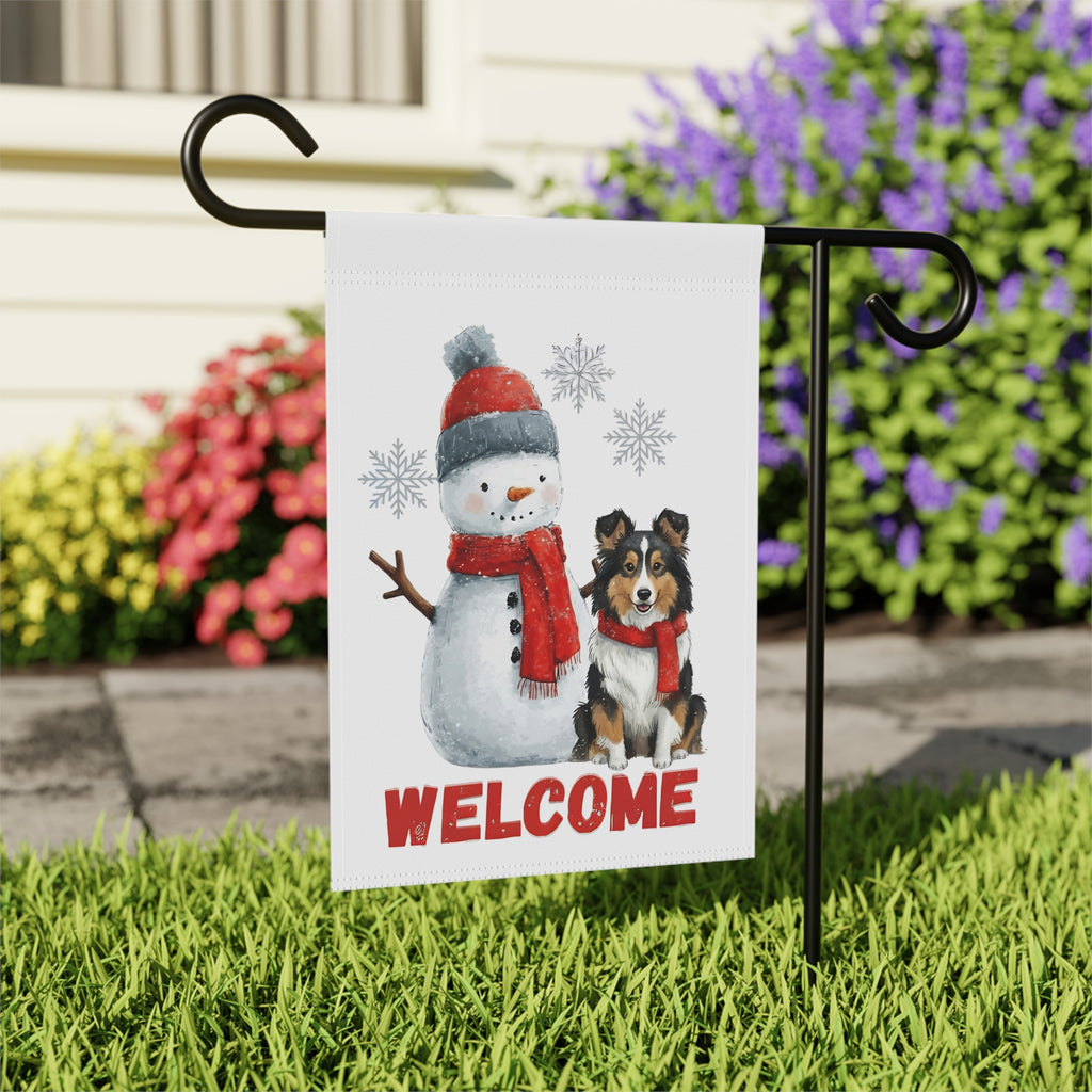 Sheltie and Snowman Welcome Garden Flag - outdoor display - Dragonfire Gardens