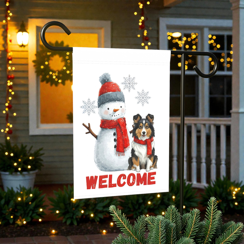 Sheltie and Snowman Welcome Garden Flag - size comparison - Dragonfire Gardens