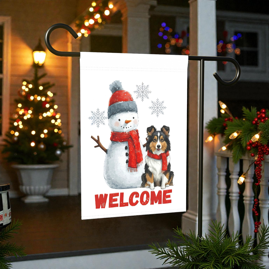 Sheltie and Snowman Welcome Garden Flag - front view - Dragonfire Gardens