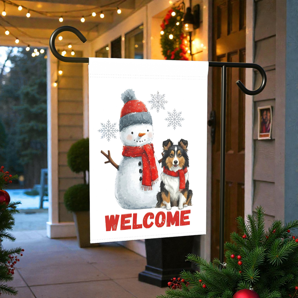 Sheltie and Snowman Welcome Garden Flag - lifestyle display - Dragonfire Gardens