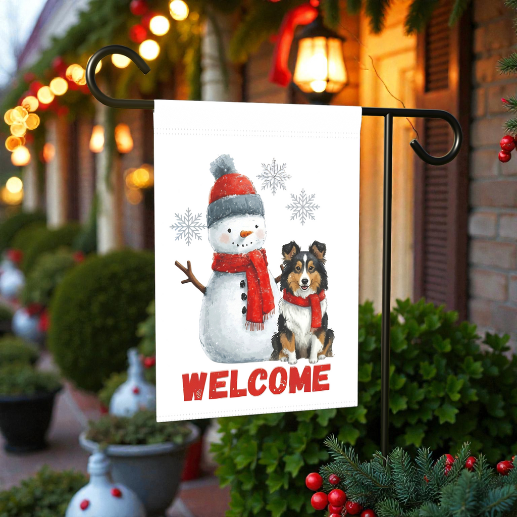 Sheltie and Snowman Welcome Garden Flag - porch decor - Dragonfire Gardens