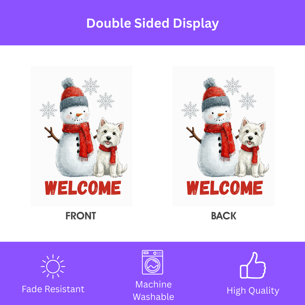 Westie and Snowman Welcome Garden Flag - double-sided design - Dragonfire Gardens