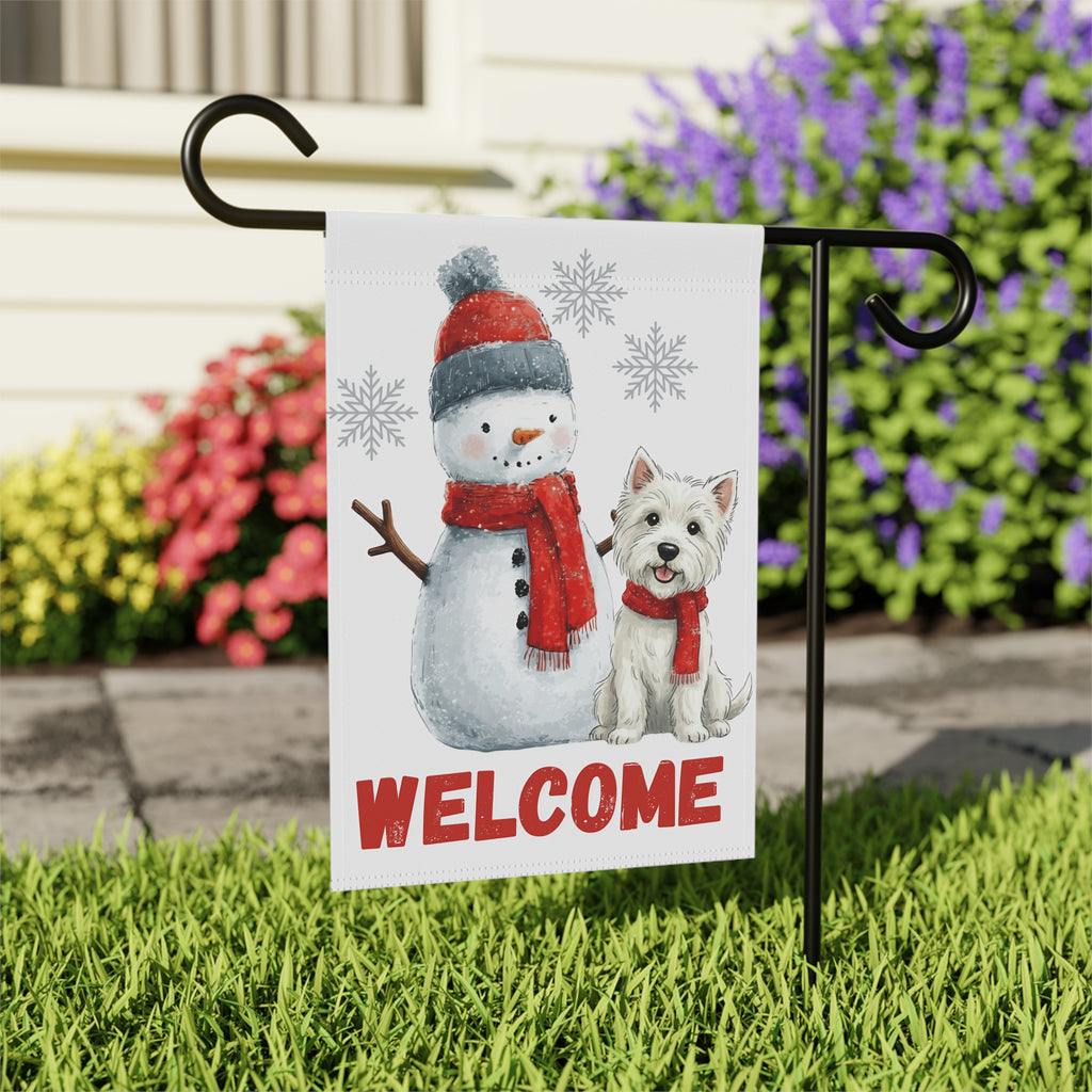 Westie and Snowman Welcome Garden Flag - outdoor display - Dragonfire Gardens