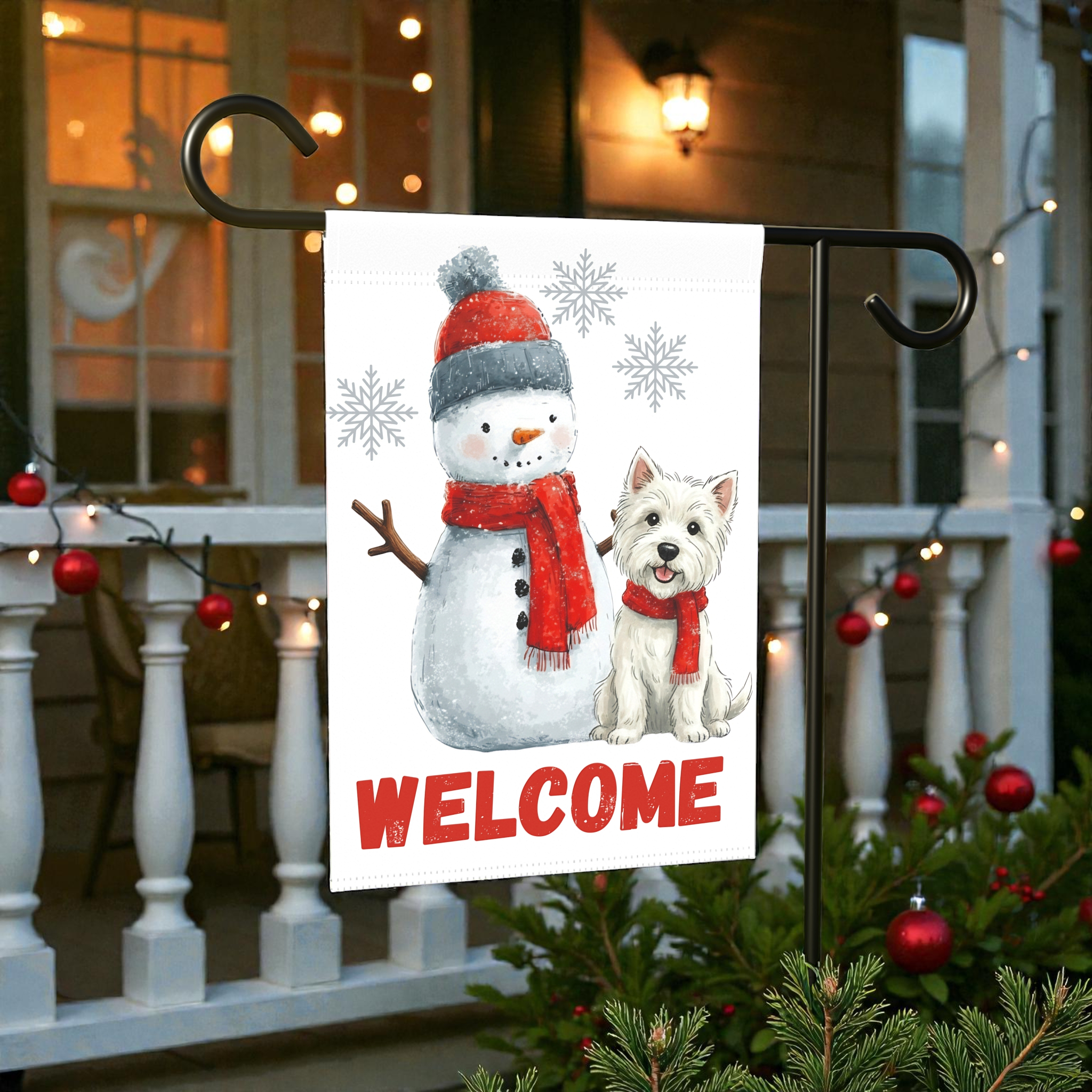 Westie and Snowman Welcome Garden Flag - lifestyle display - Dragonfire Gardens