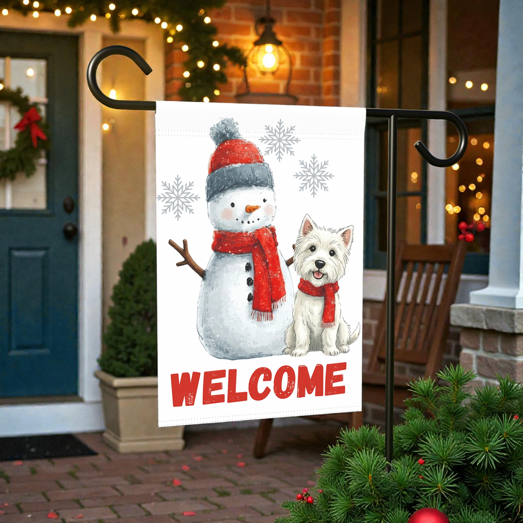 Westie and Snowman Welcome Garden Flag - size comparison - Dragonfire Gardens