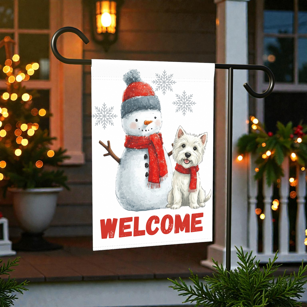 Westie and Snowman Welcome Garden Flag - front view - Dragonfire Gardens