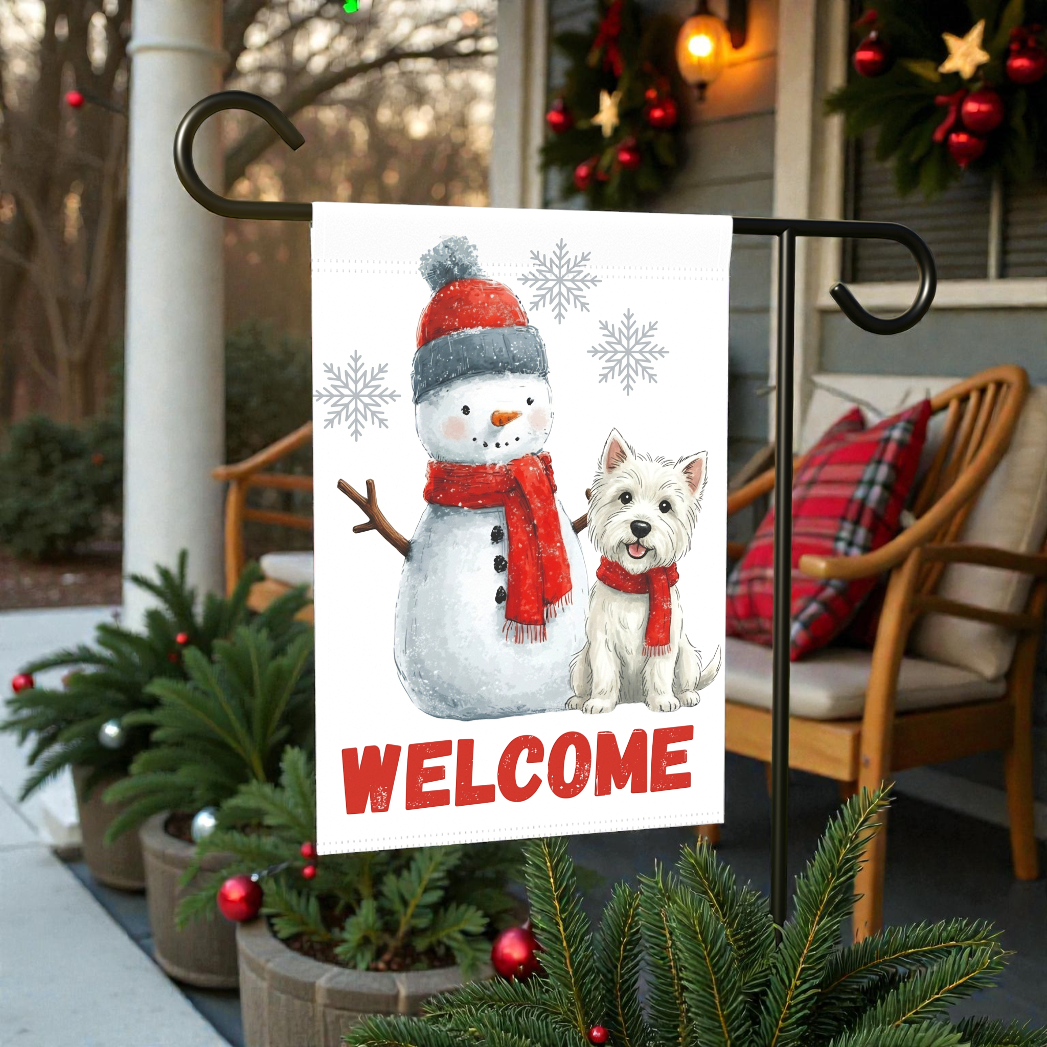 Westie and Snowman Welcome Garden Flag - product detail - Dragonfire Gardens