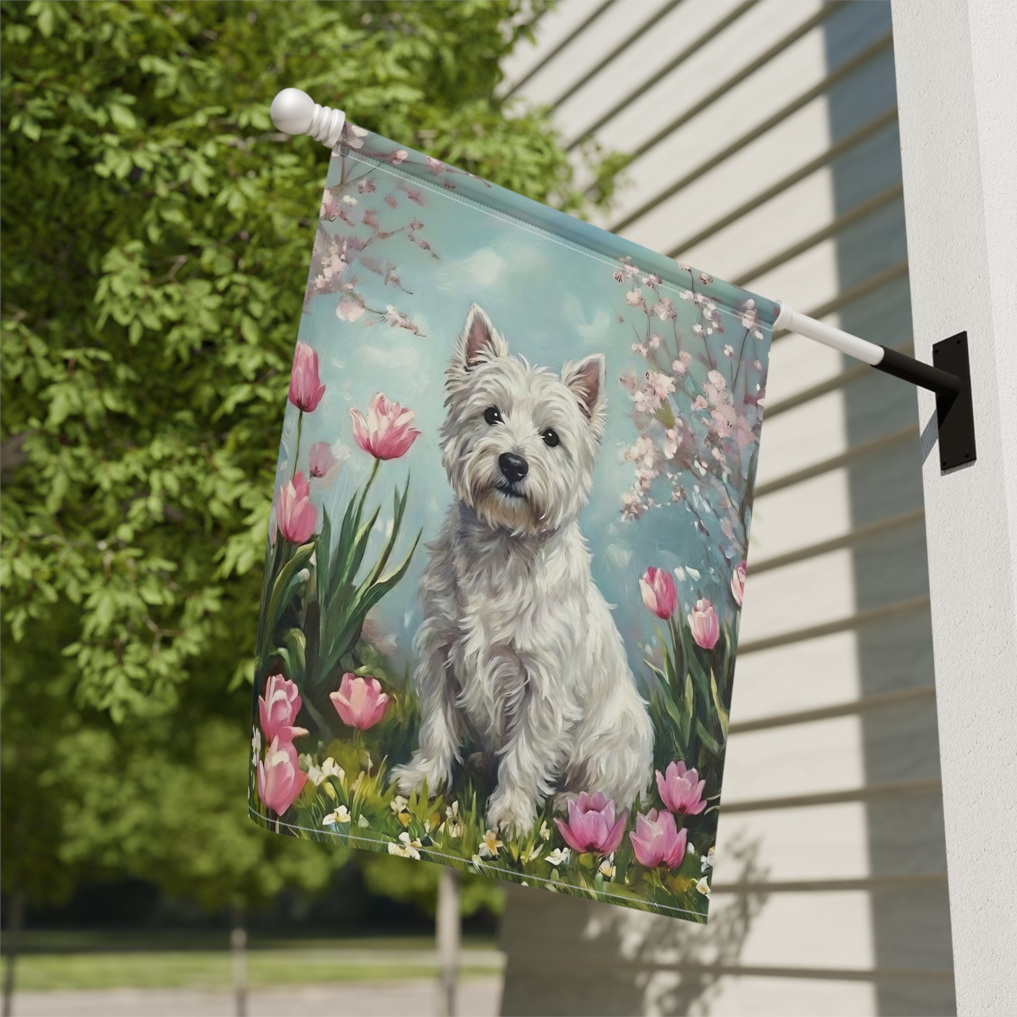 Westie in the Tulips Spring Garden Flag - close-up detail - Dragonfire Gardens