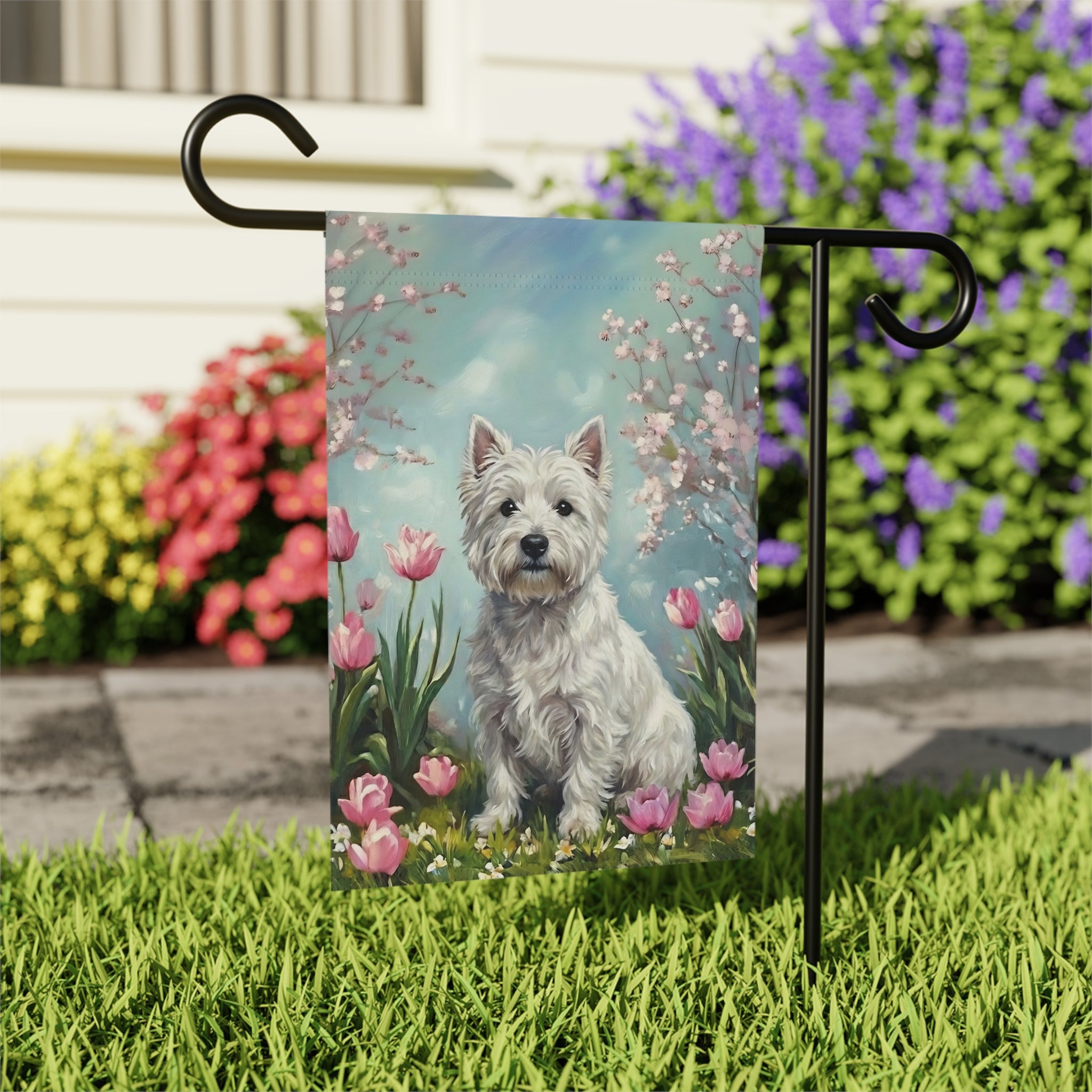 Westie in the Tulips Spring Garden Flag