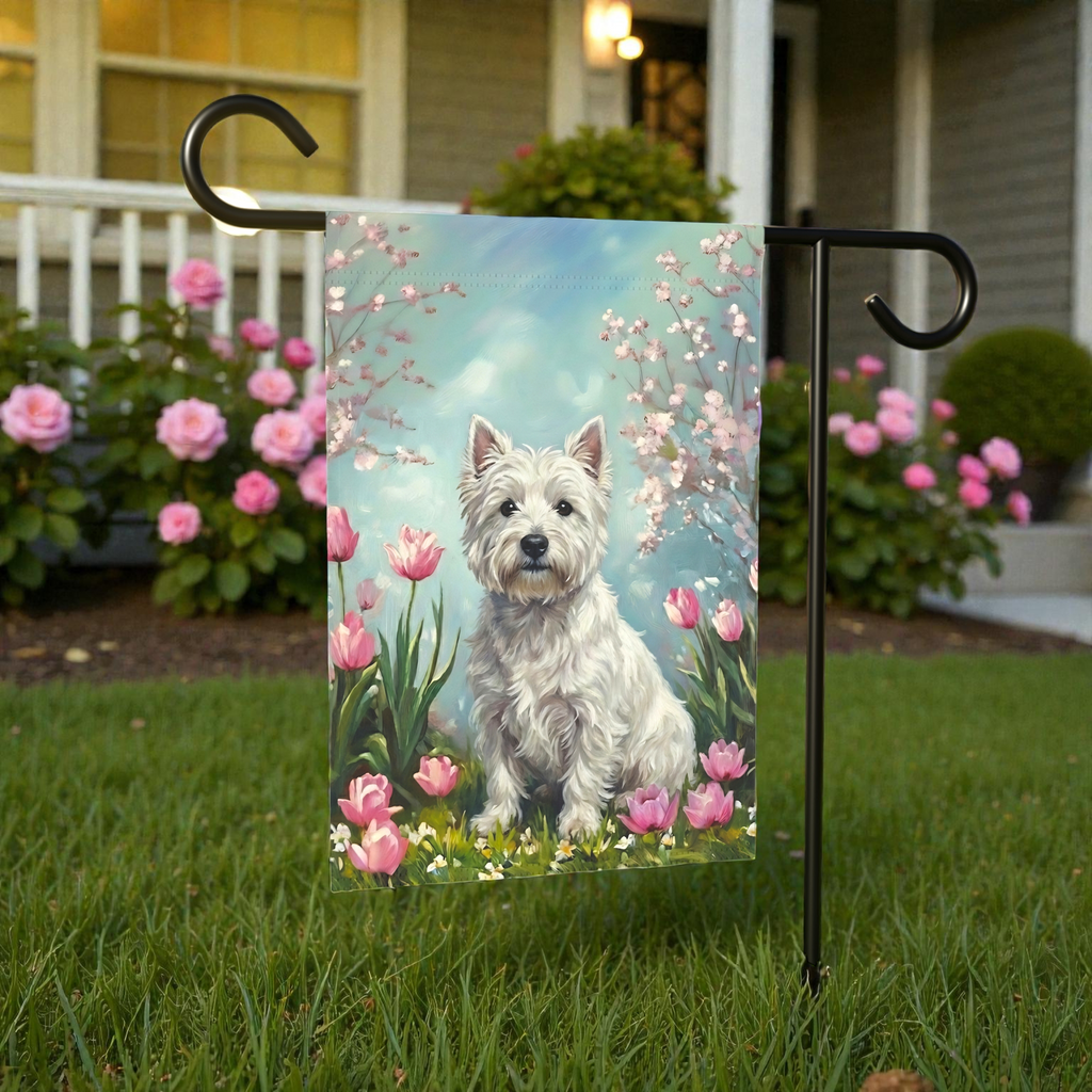 Westie in the Tulips Spring Garden Flag