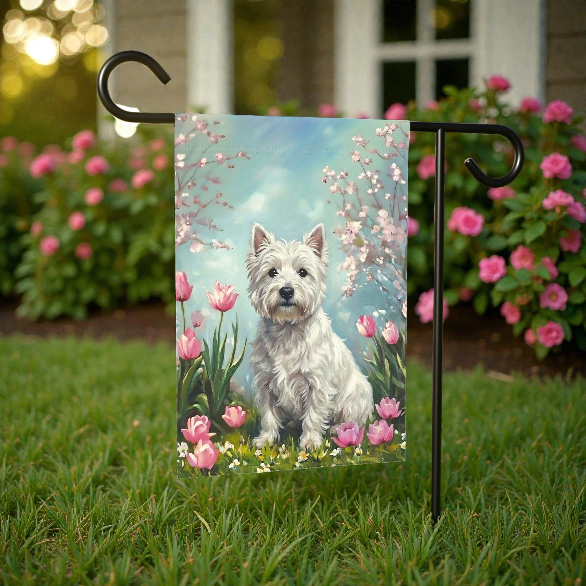 Westie in the Tulips Spring Garden Flag