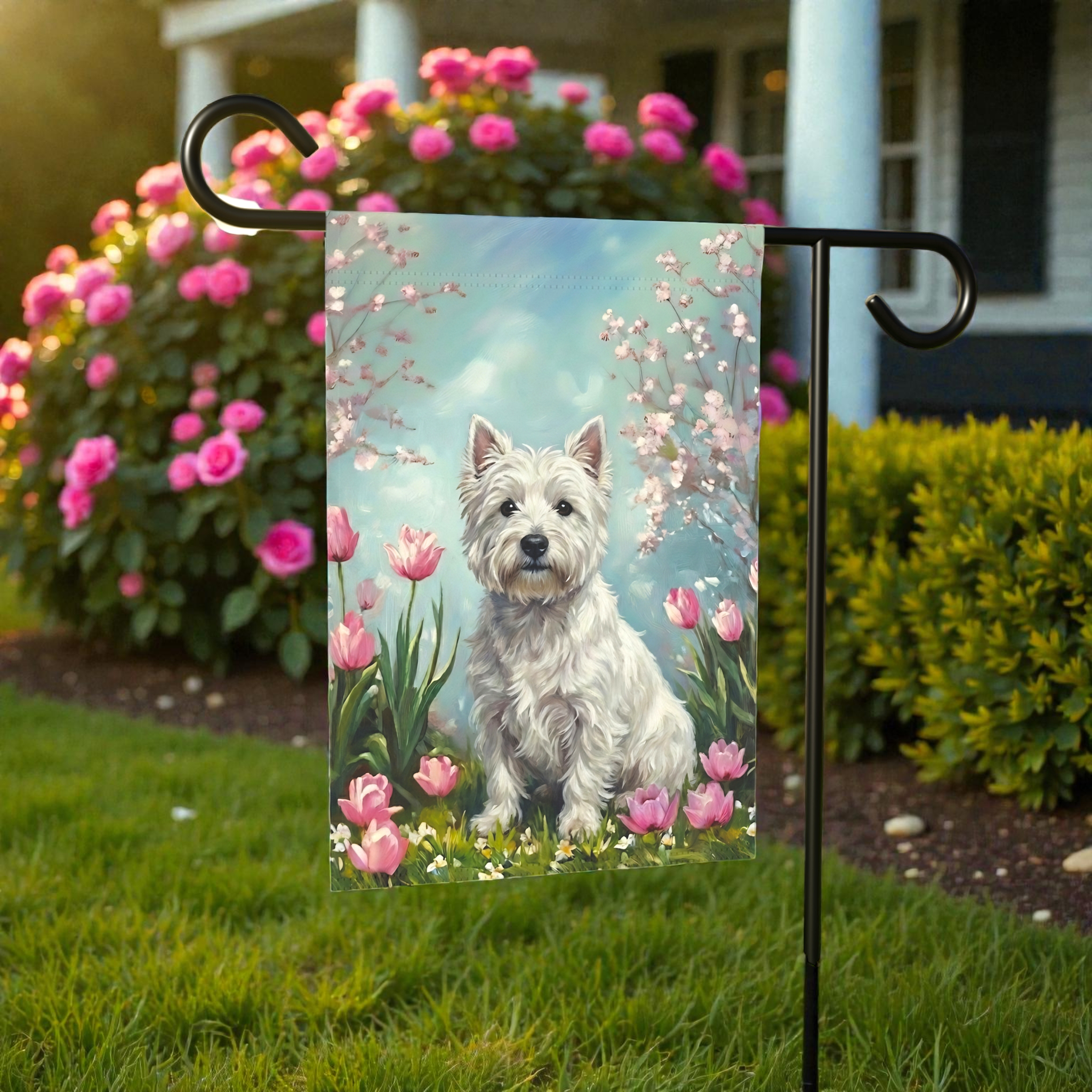 Westie in the Tulips Spring Garden Flag