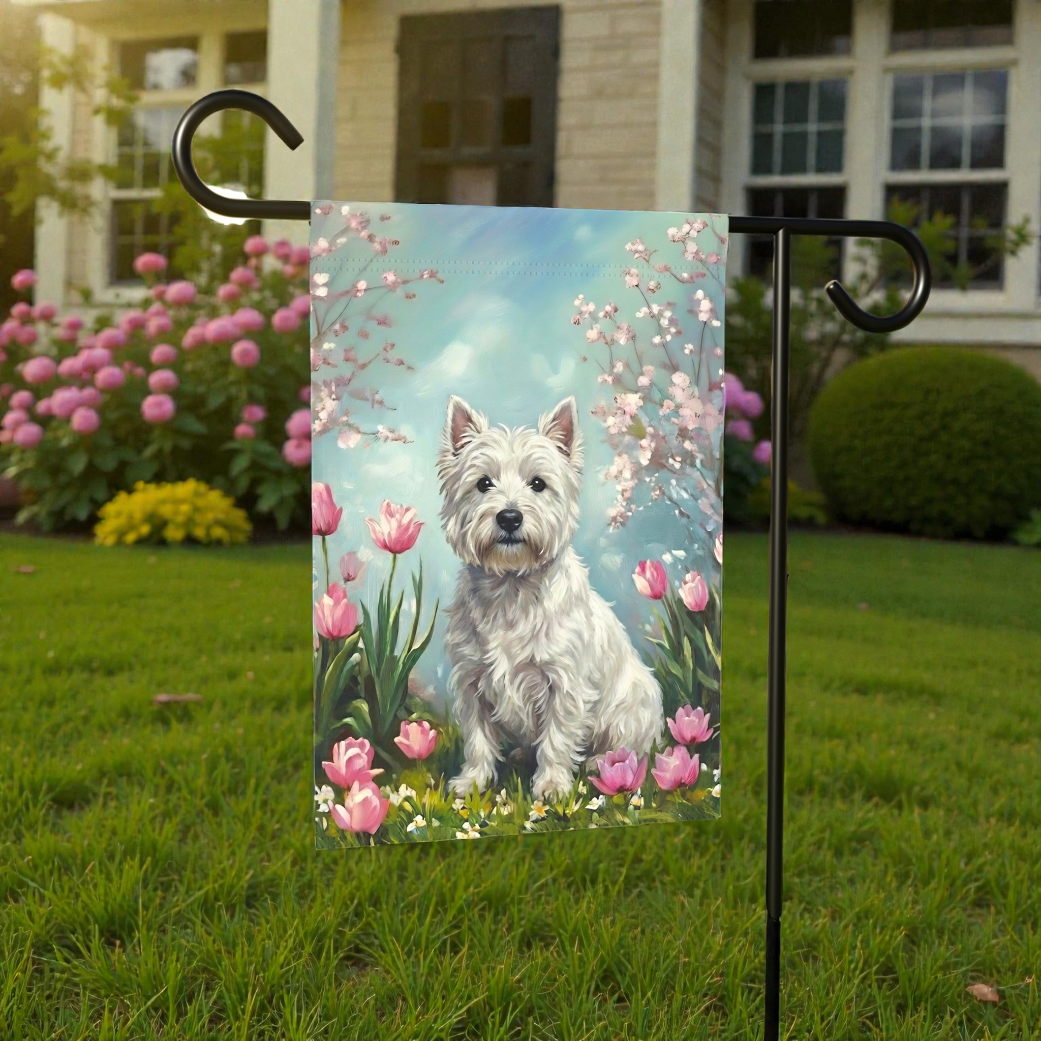 Westie in the Tulips Spring Garden Flag