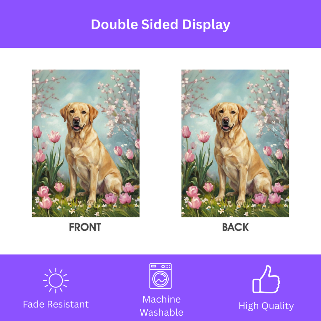 Yellow Labrador Retriever in the Tulips Spring Garden Flag - double-sided design - Dragonfire Gardens