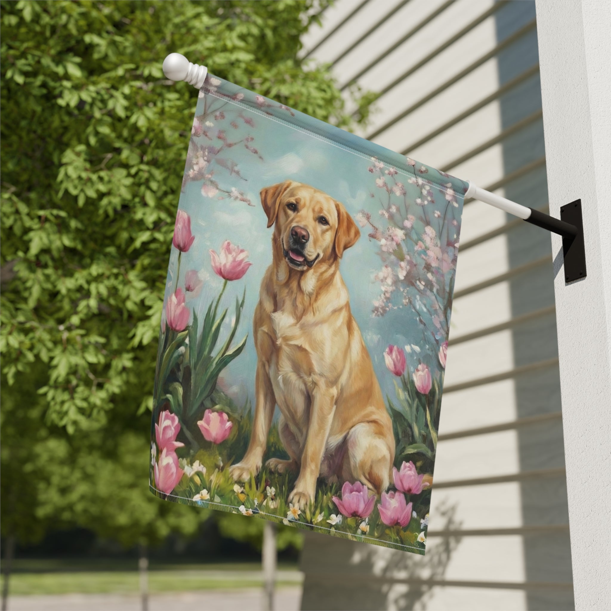 Yellow Labrador Retriever in the Tulips Spring Garden Flag - close-up detail - Dragonfire Gardens