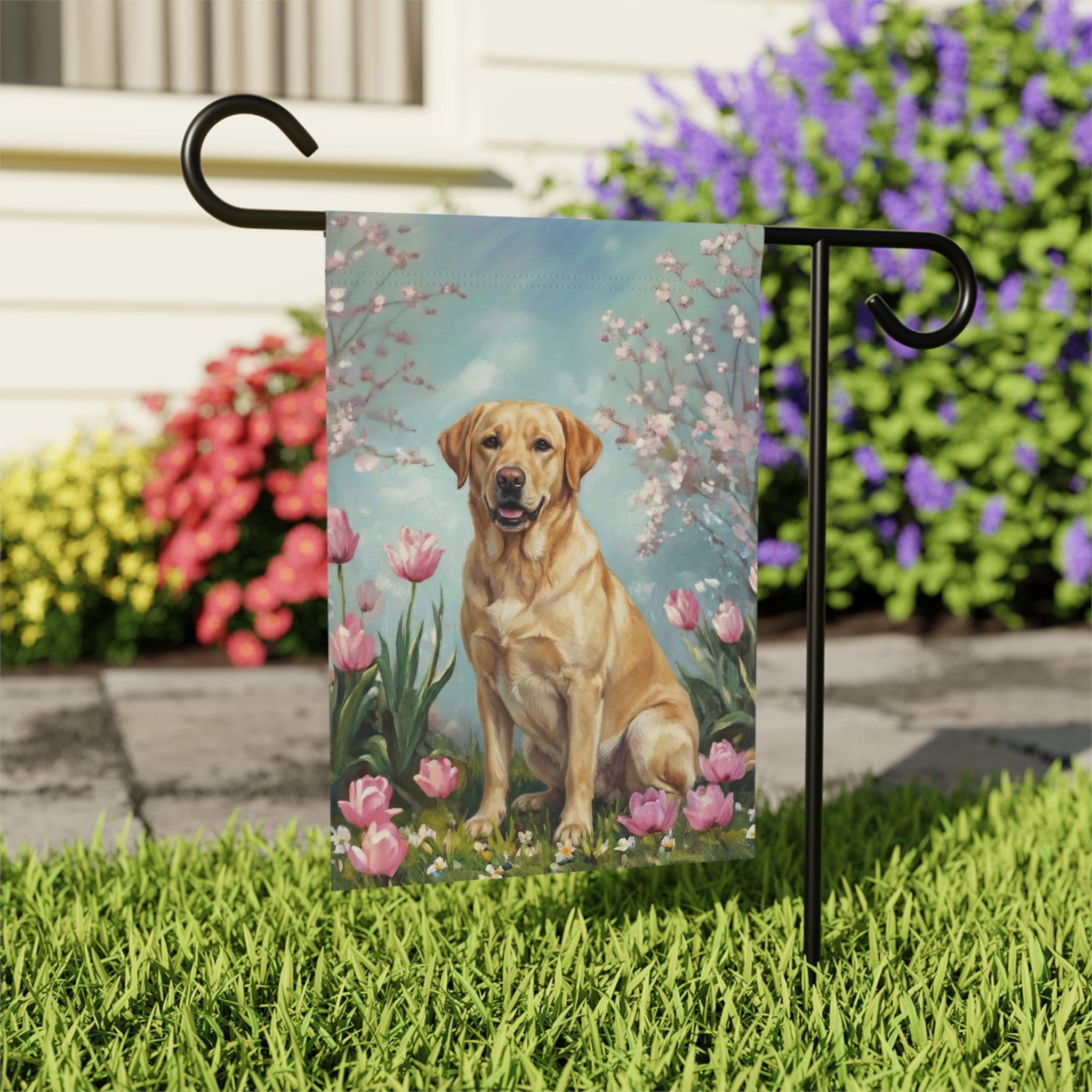 Yellow Labrador Retriever in the Tulips Spring Garden Flag - outdoor display - Dragonfire Gardens