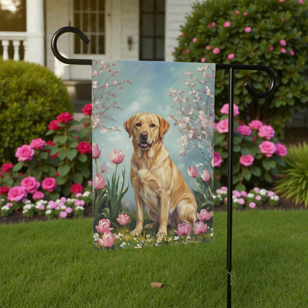Yellow Labrador Retriever in the Tulips Spring Garden Flag - front view - Dragonfire Gardens
