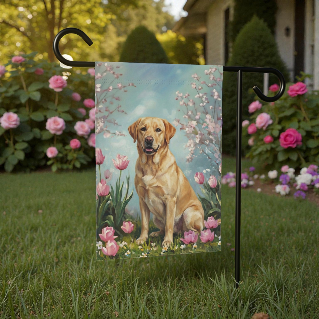 Yellow Labrador Retriever in the Tulips Spring Garden Flag - lifestyle display - Dragonfire Gardens