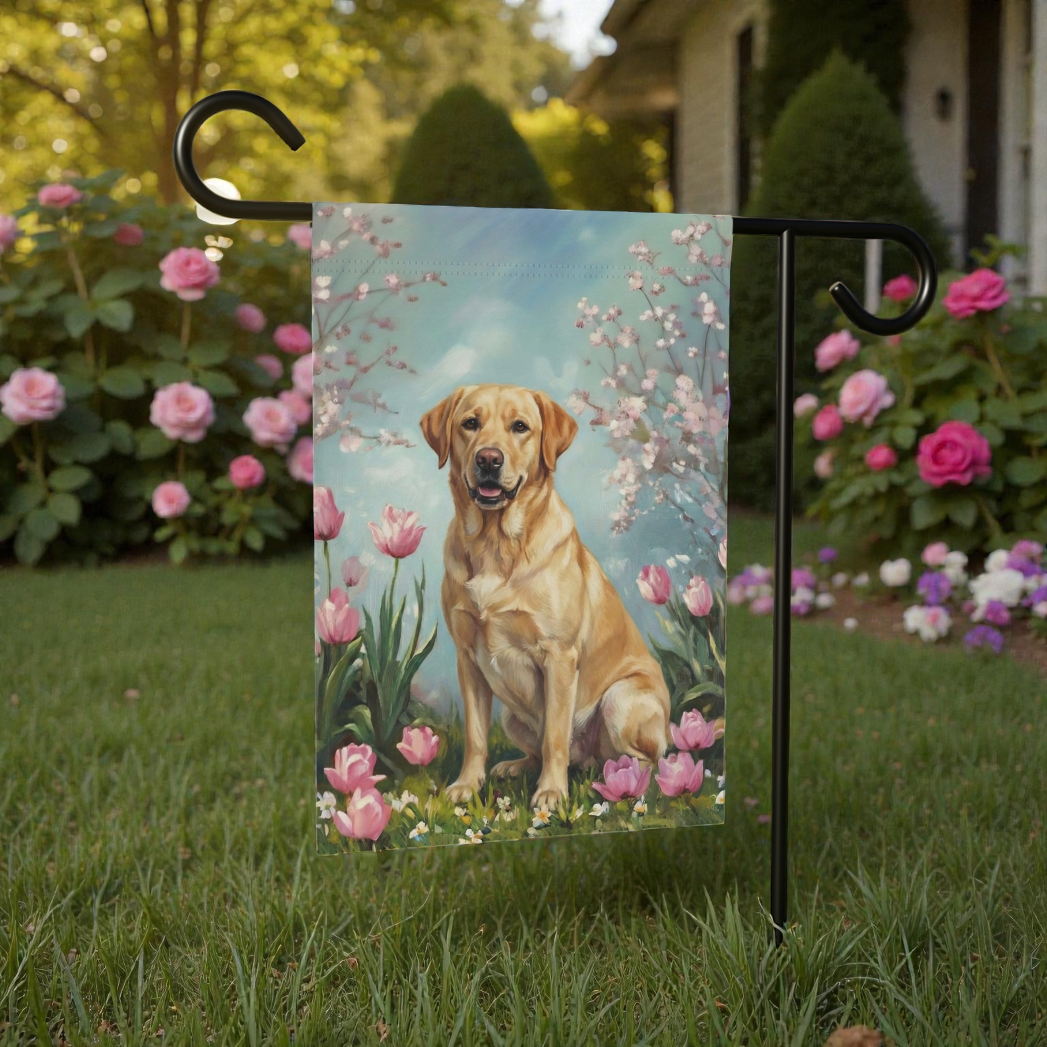 Yellow Labrador Retriever in the Tulips Spring Garden Flag - lifestyle display - Dragonfire Gardens