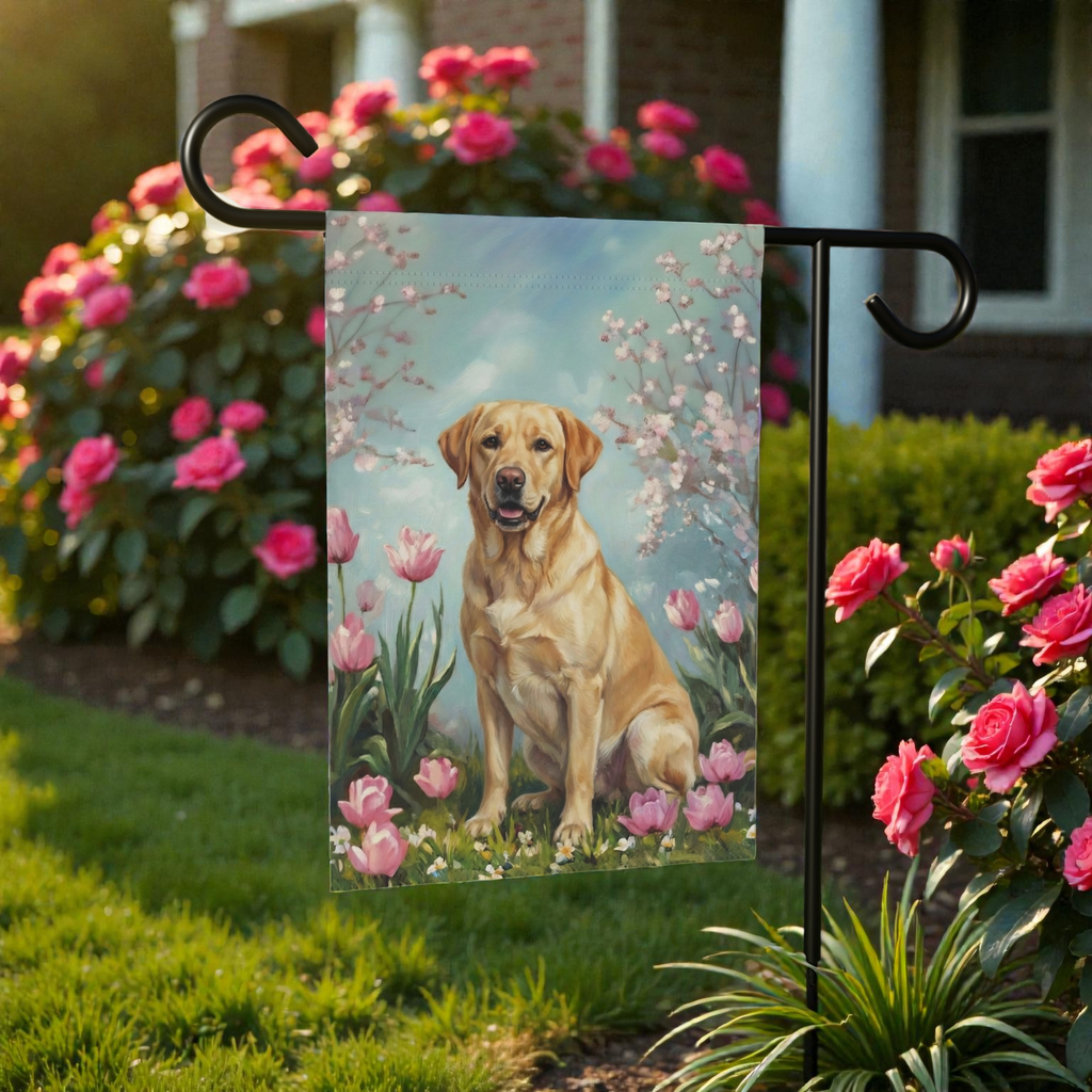 Yellow Labrador Retriever in the Tulips Spring Garden Flag - product detail - Dragonfire Gardens