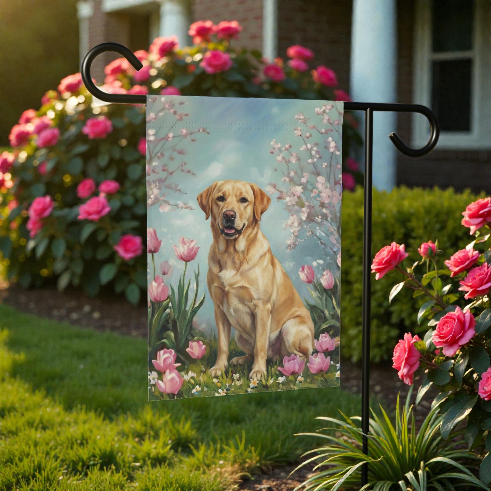 Yellow Labrador Retriever in the Tulips Spring Garden Flag - product detail - Dragonfire Gardens