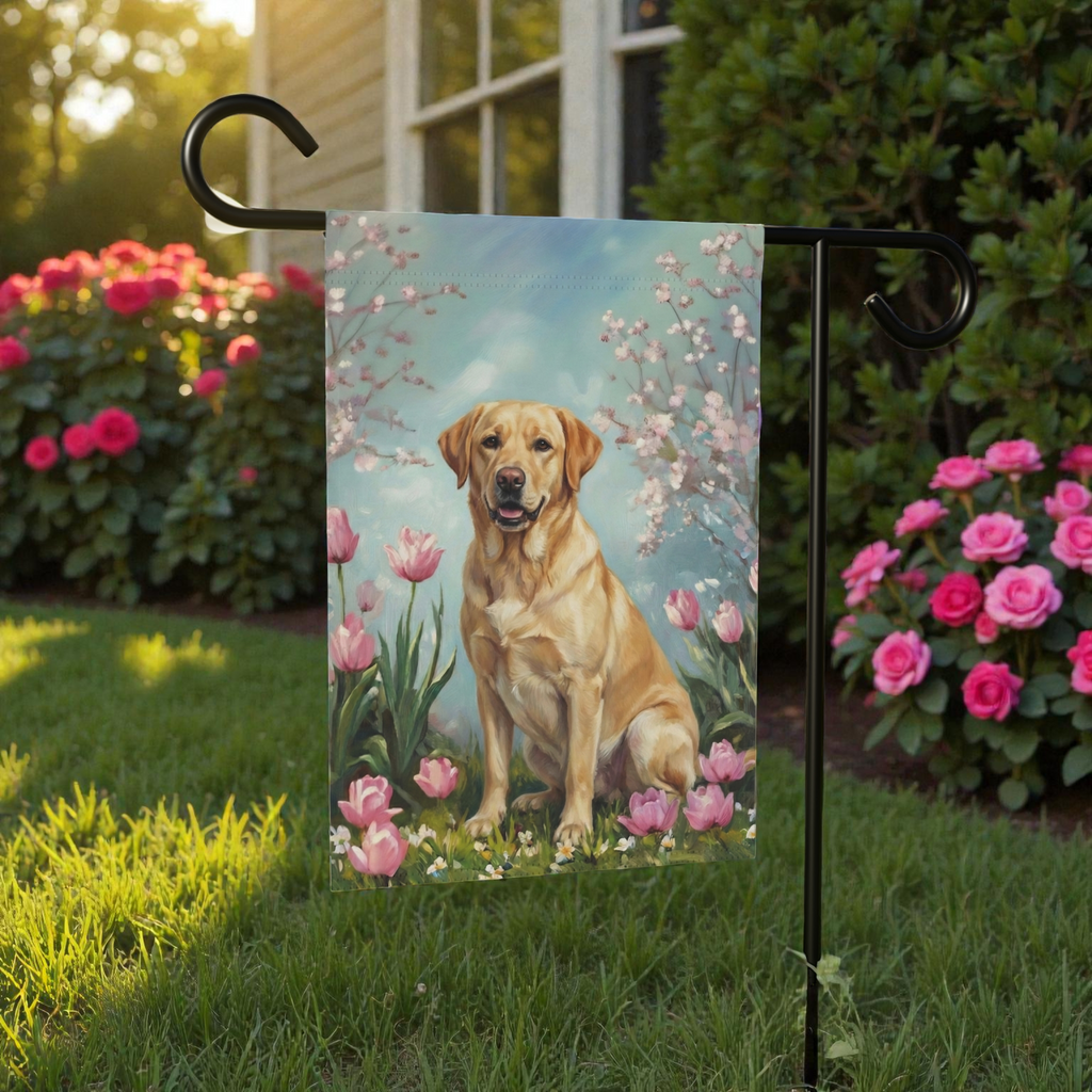 Yellow Labrador Retriever in the Tulips Spring Garden Flag - size comparison - Dragonfire Gardens