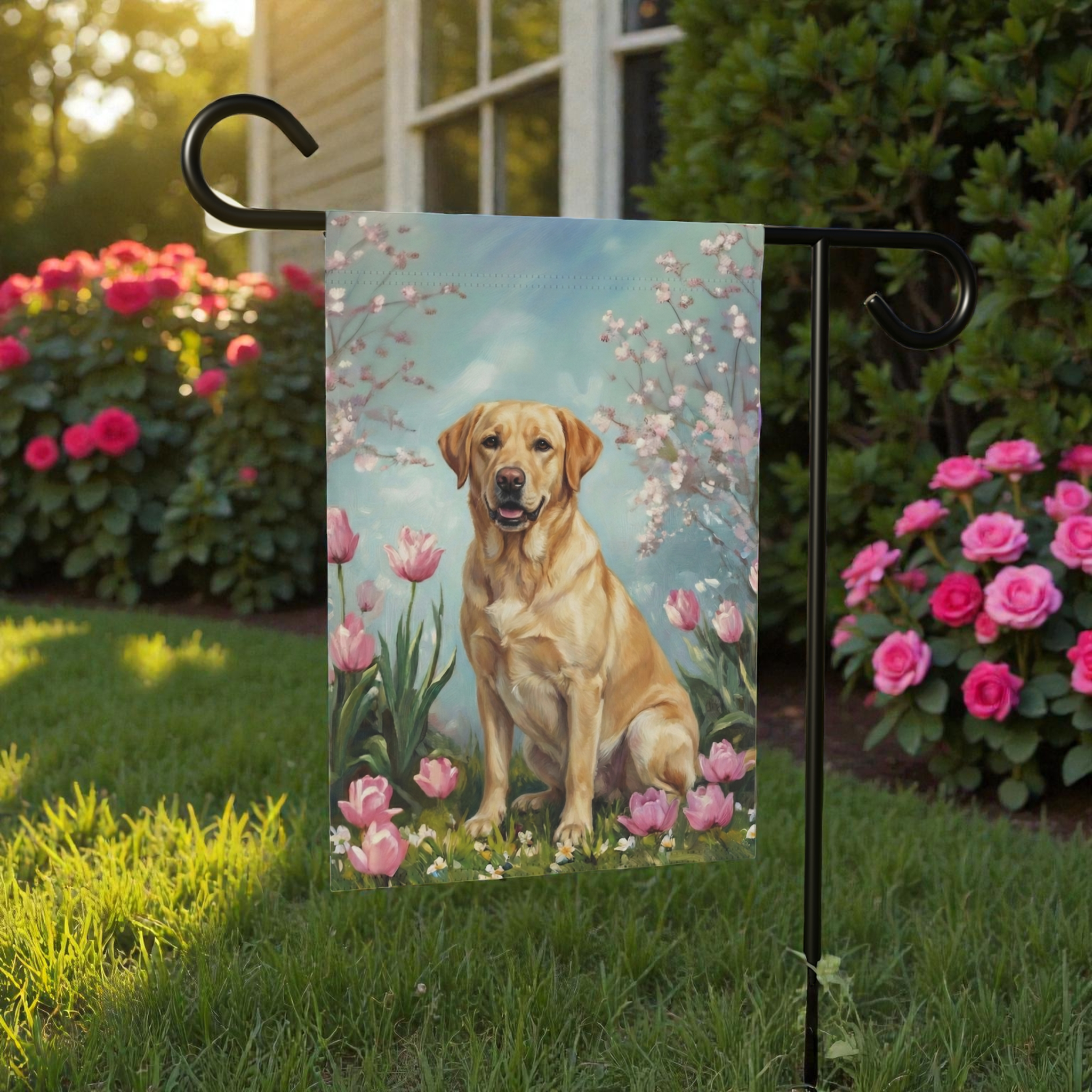 Yellow Labrador Retriever in the Tulips Spring Garden Flag - size comparison - Dragonfire Gardens