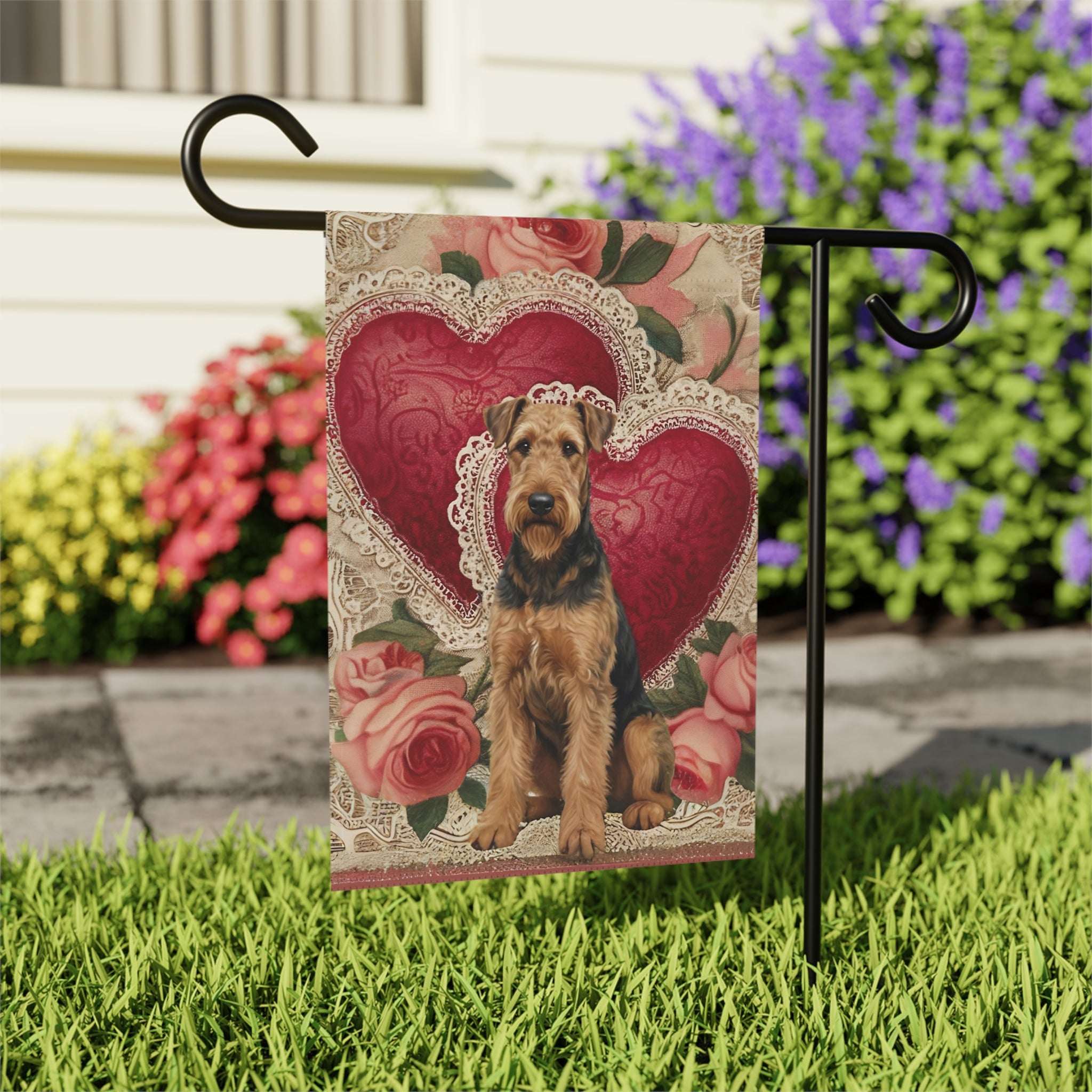 Two Heart Airedale Terrier Valentine Garden Flag