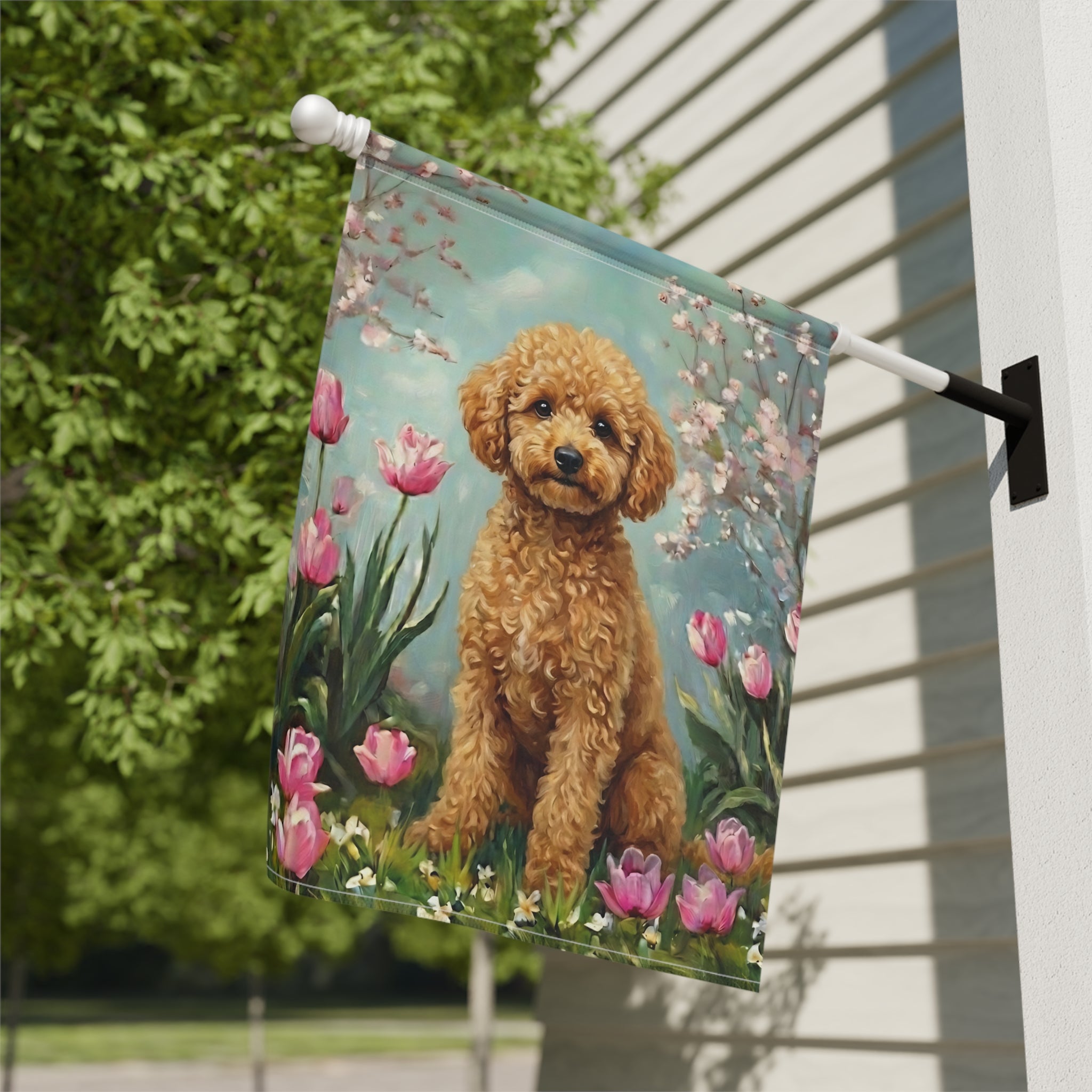 Toy Poodle in the Tulips Spring Garden Flag - close-up detail - Dragonfire Gardens