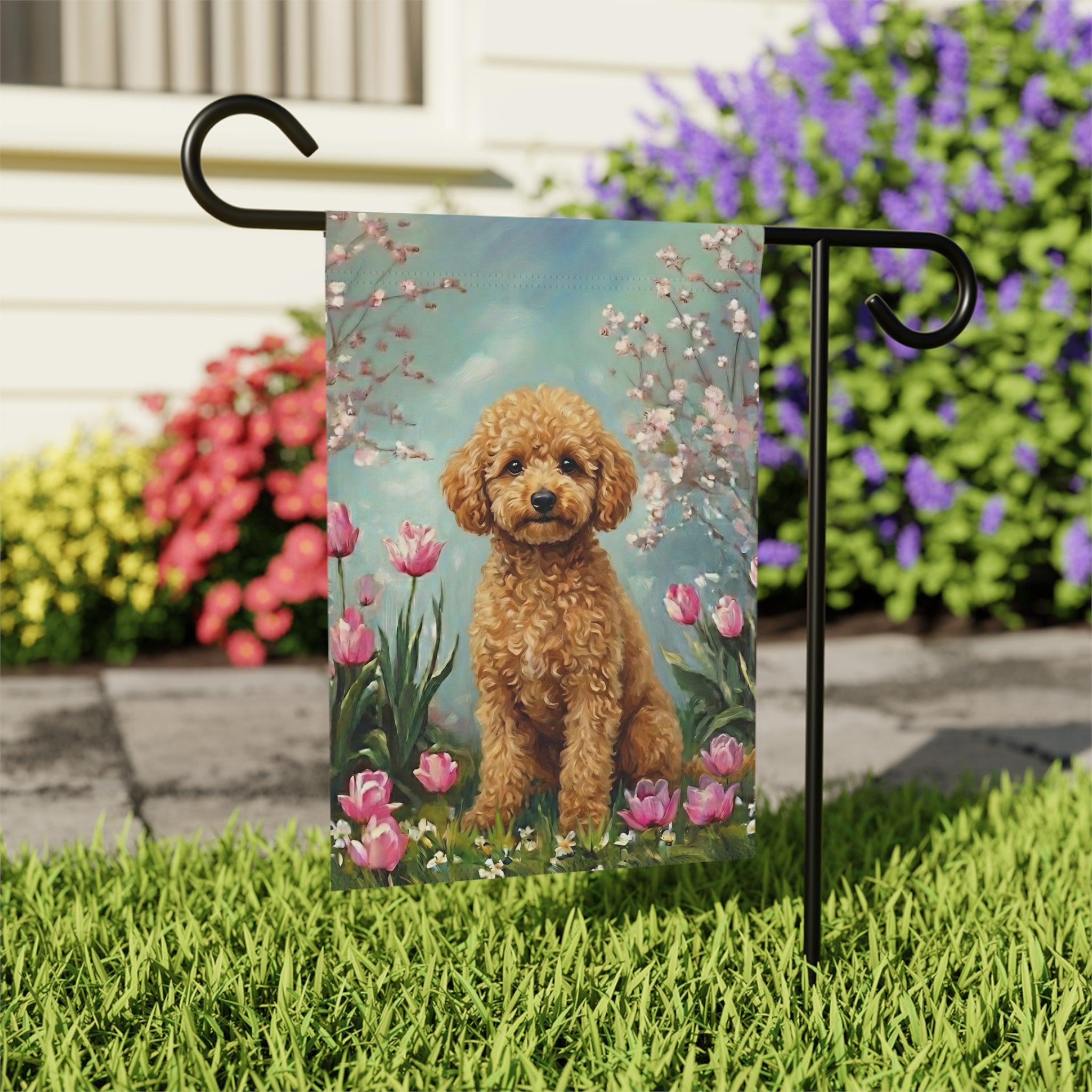 Toy Poodle in the Tulips Spring Garden Flag