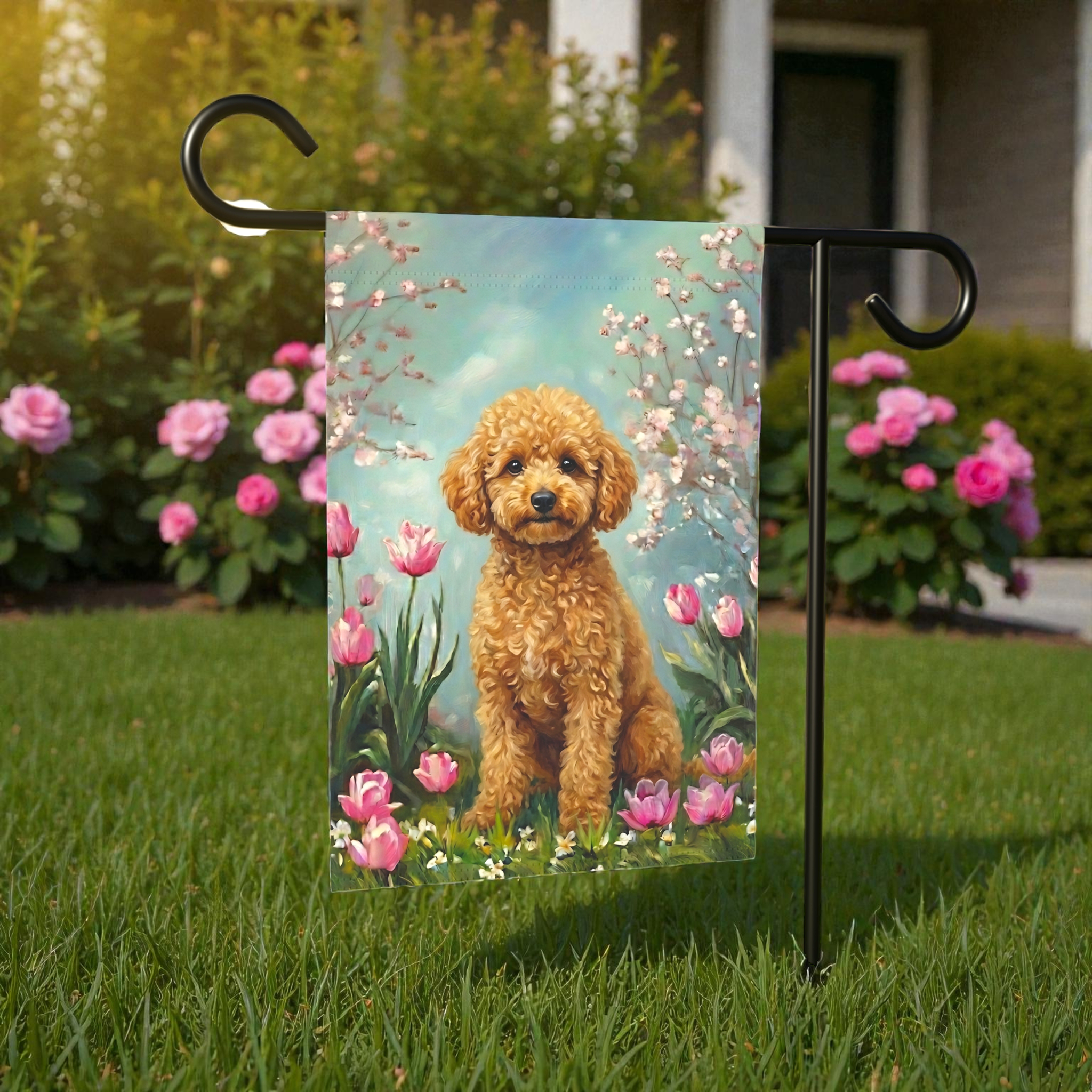 Toy Poodle in the Tulips Spring Garden Flag