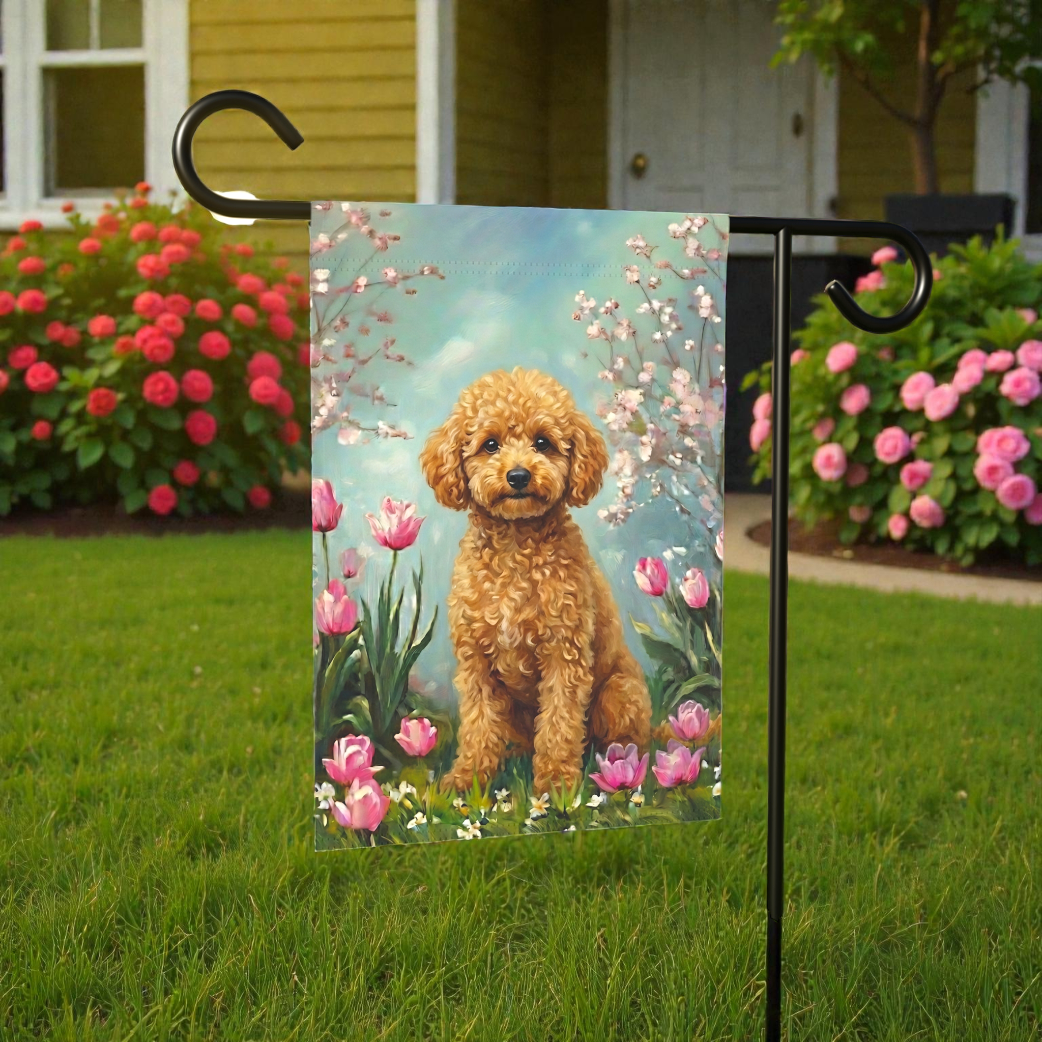 Toy Poodle in the Tulips Spring Garden Flag