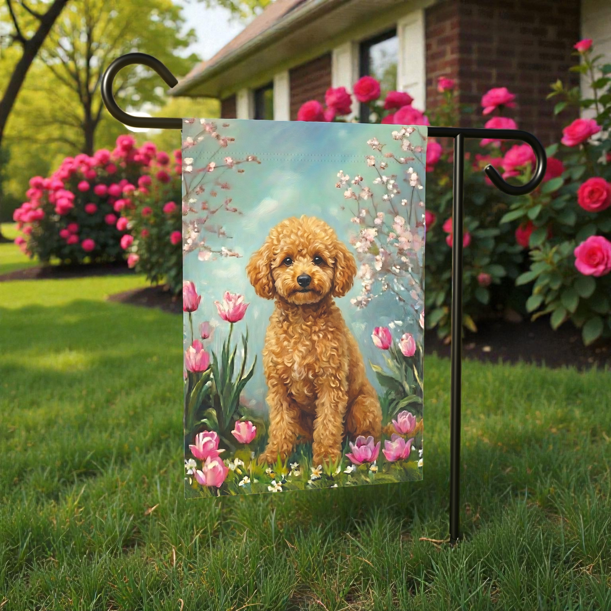 Toy Poodle in the Tulips Spring Garden Flag