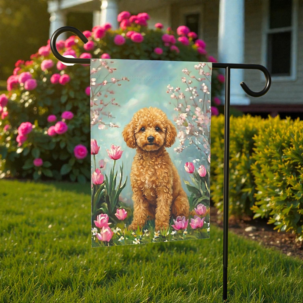 Toy Poodle in the Tulips Spring Garden Flag