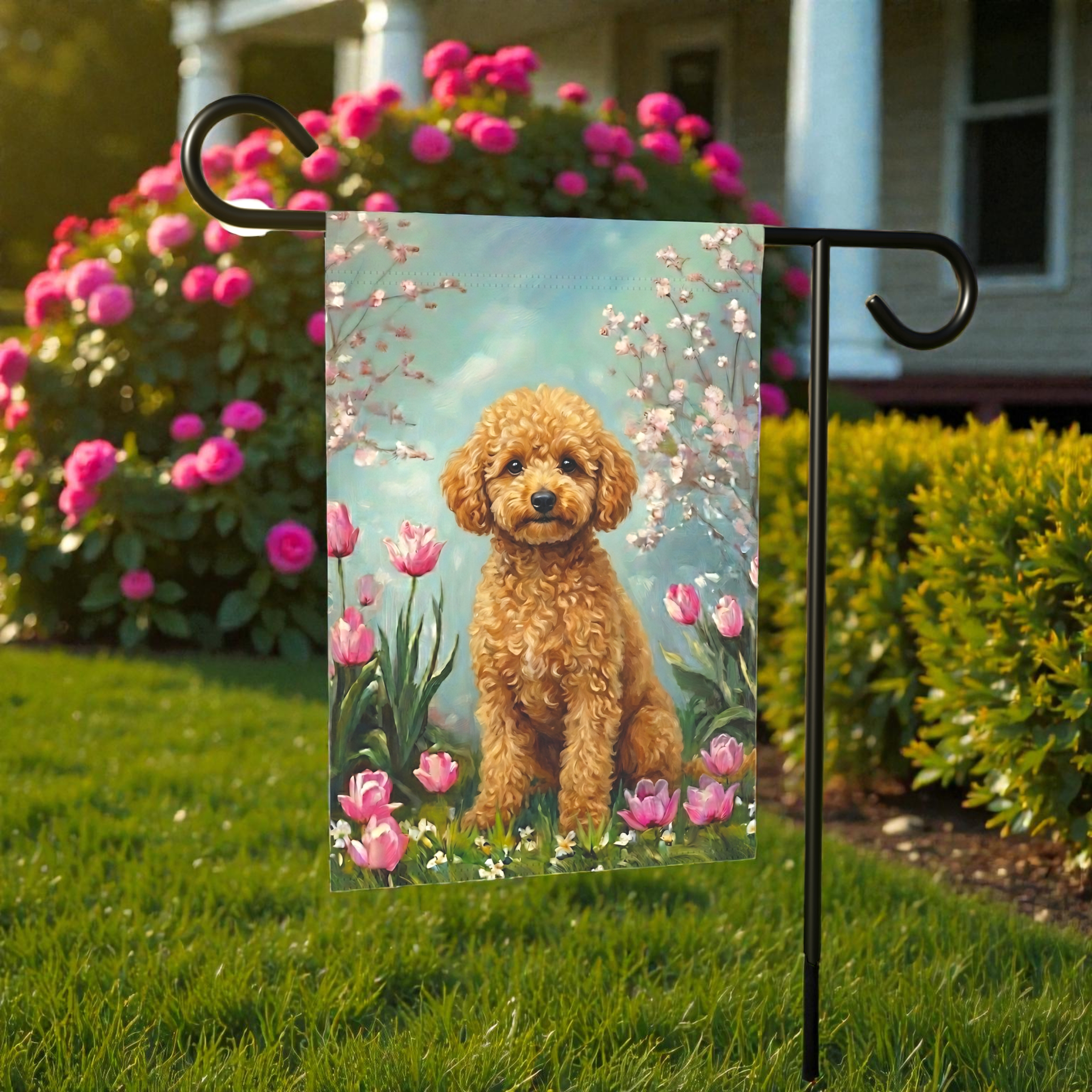 Toy Poodle in the Tulips Spring Garden Flag