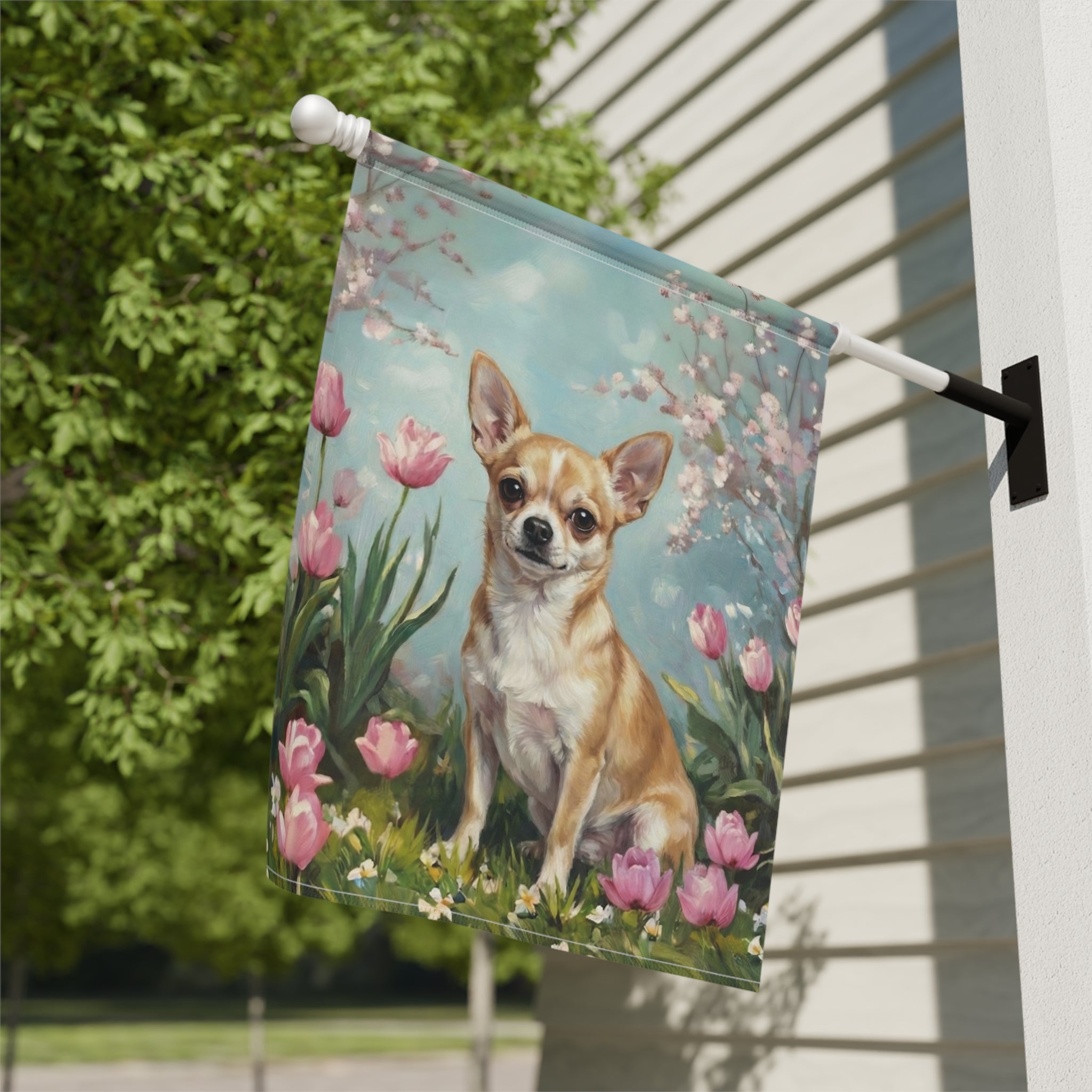 Short Hair Chihuahua in the Tulips Spring Garden Flag - close-up detail - Dragonfire Gardens