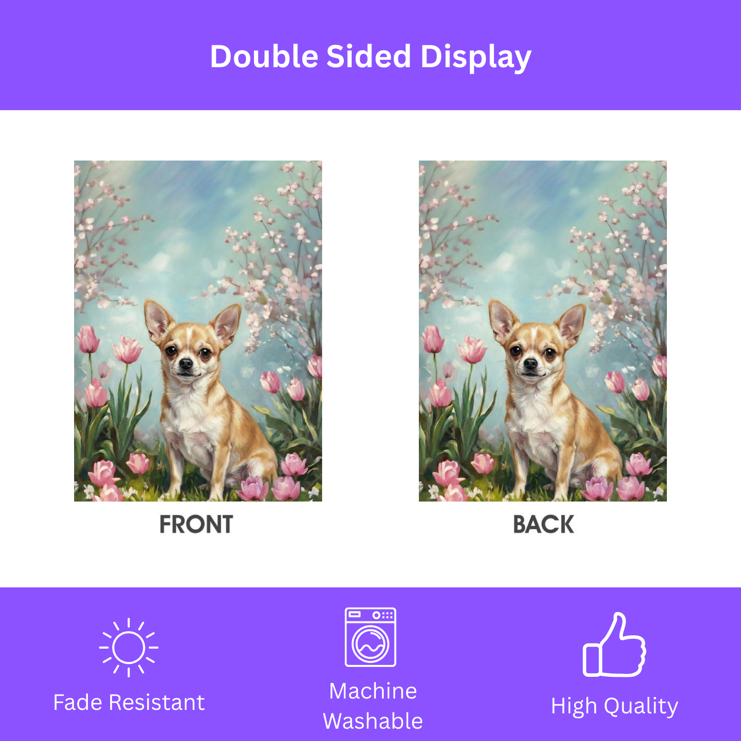 Short Hair Chihuahua in the Tulips Spring Garden Flag - double-sided design - Dragonfire Gardens