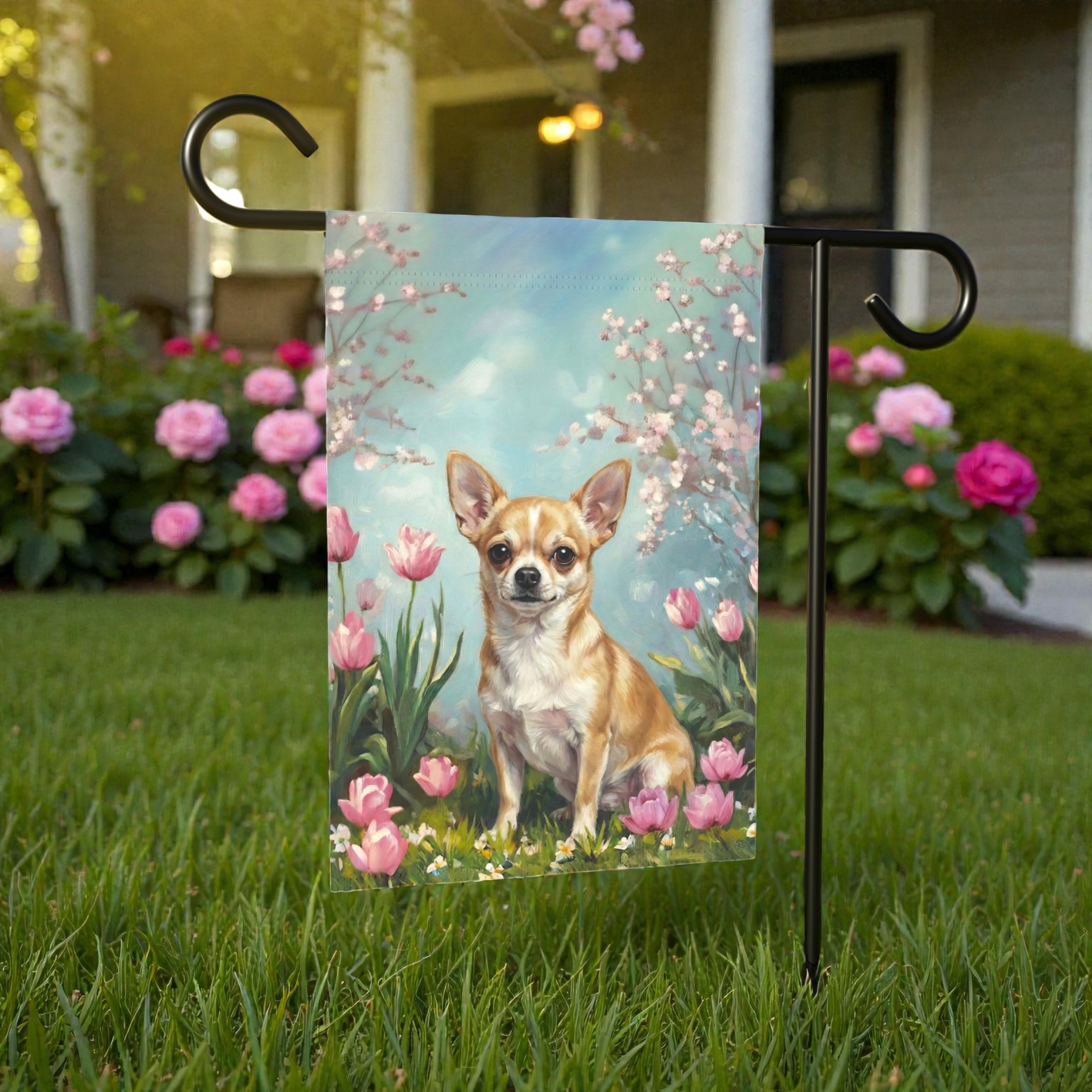 Short Hair Chihuahua in the Tulips Spring Garden Flag - product detail - Dragonfire Gardens