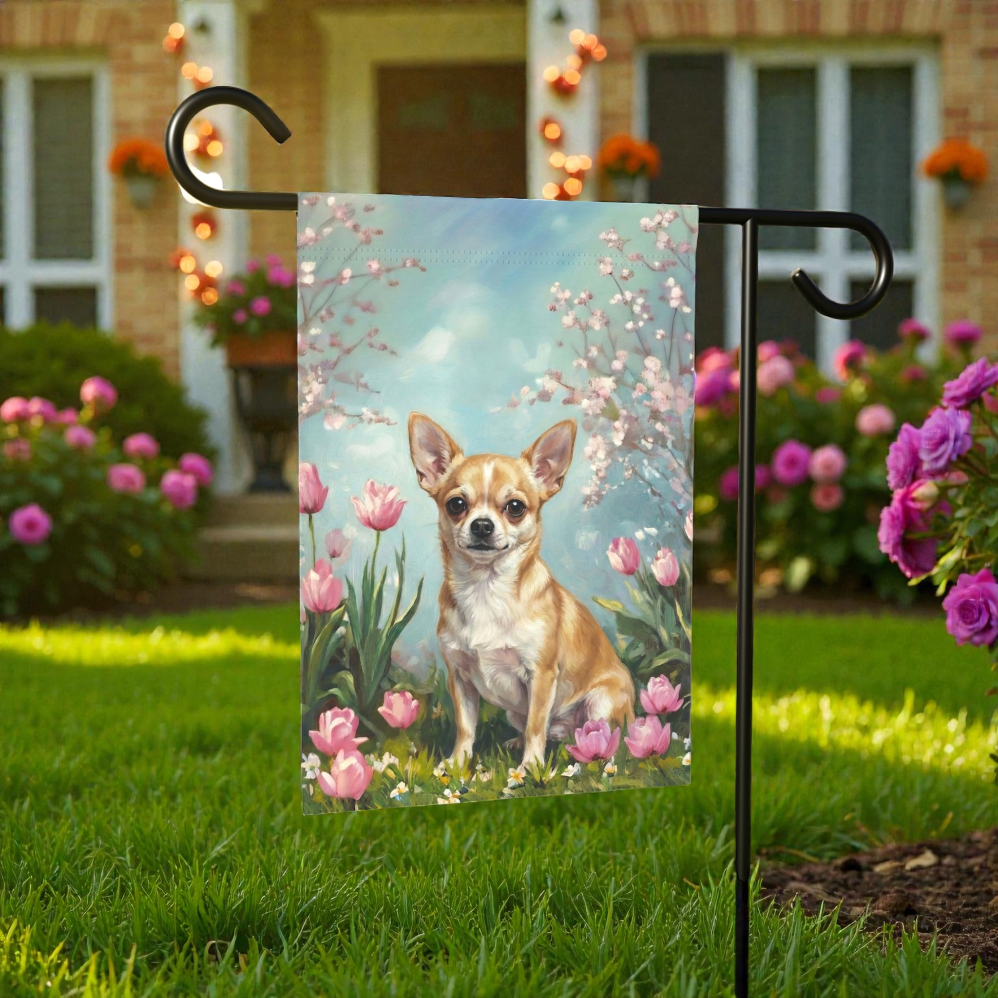 Short Hair Chihuahua in the Tulips Spring Garden Flag - size comparison - Dragonfire Gardens